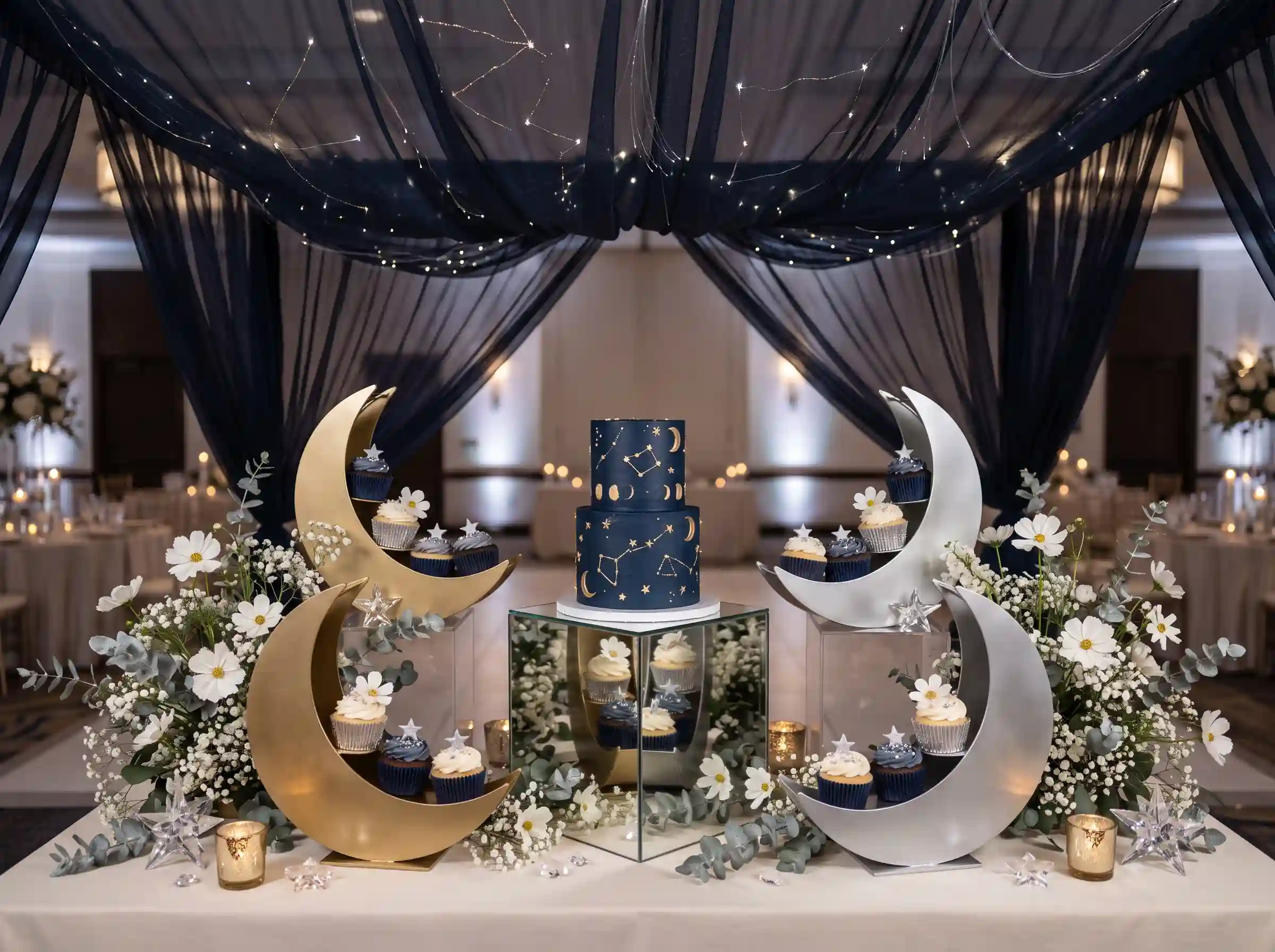 Celestial evening inspired elegant wedding dessert display with starry night small cake and cupcakes