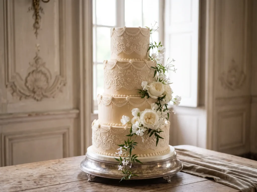 Chateau Lace Romance Inspiration Inspired by th Four tier wedding cake lace K