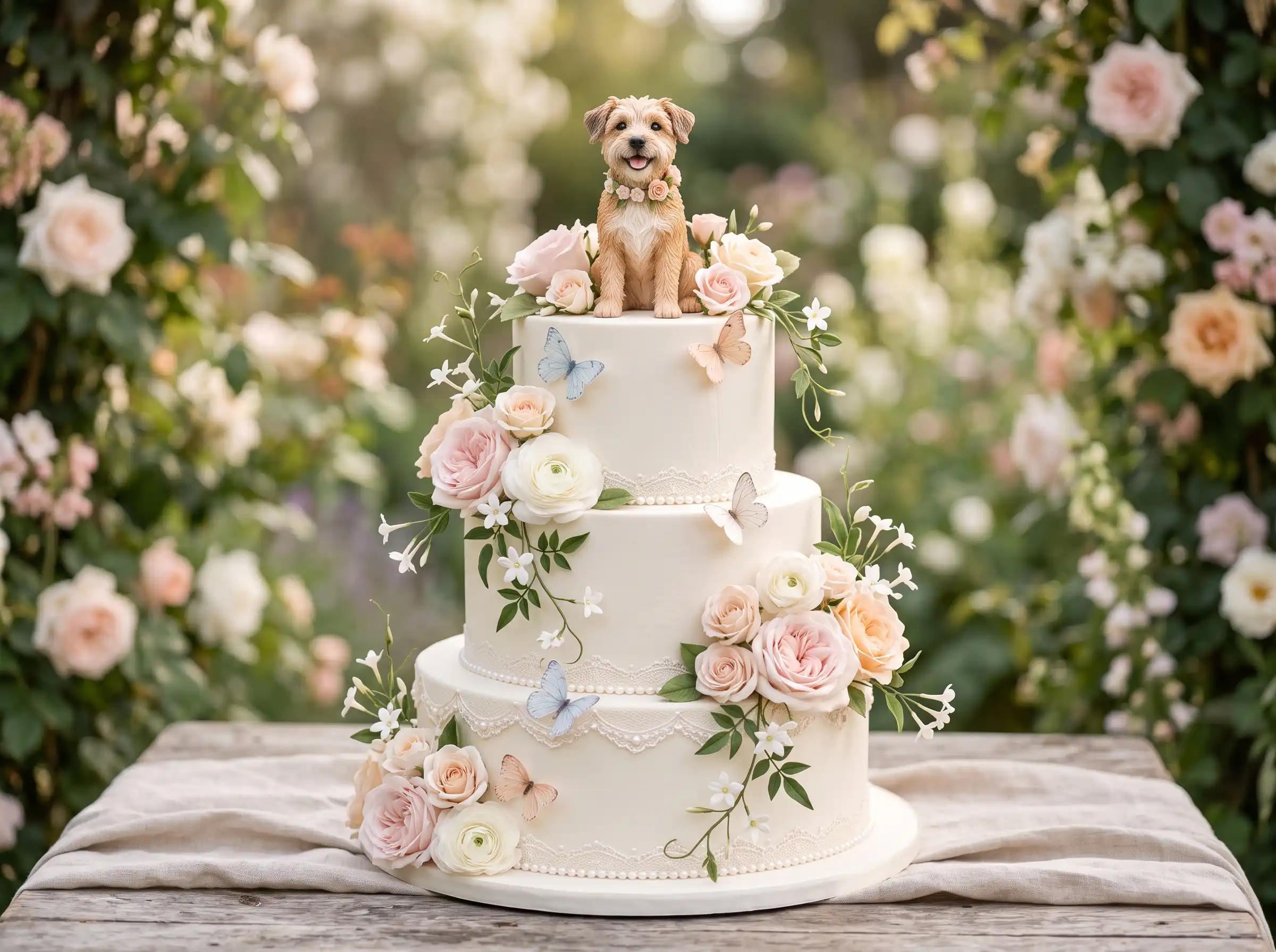 Enchanting fairytale wedding cake with mixed-breed dog figurine topper and whimsical details