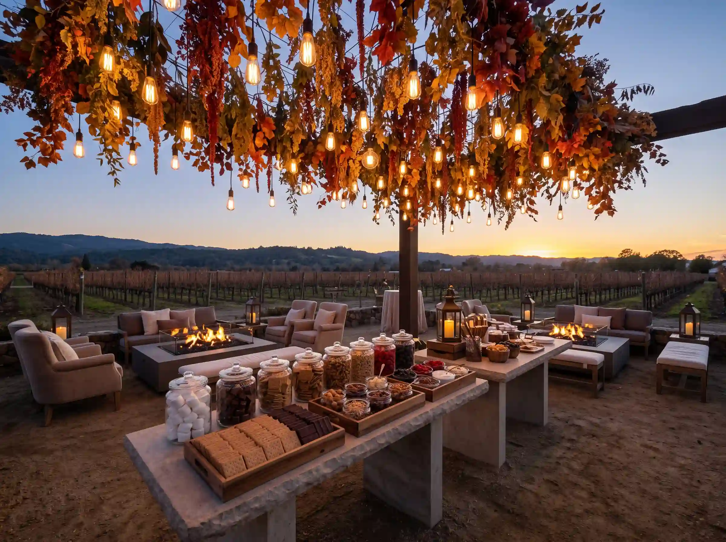 Luxury fireside smores dessert station with fire pits Edison lights and autumn foliage canopy at vineyard wedding