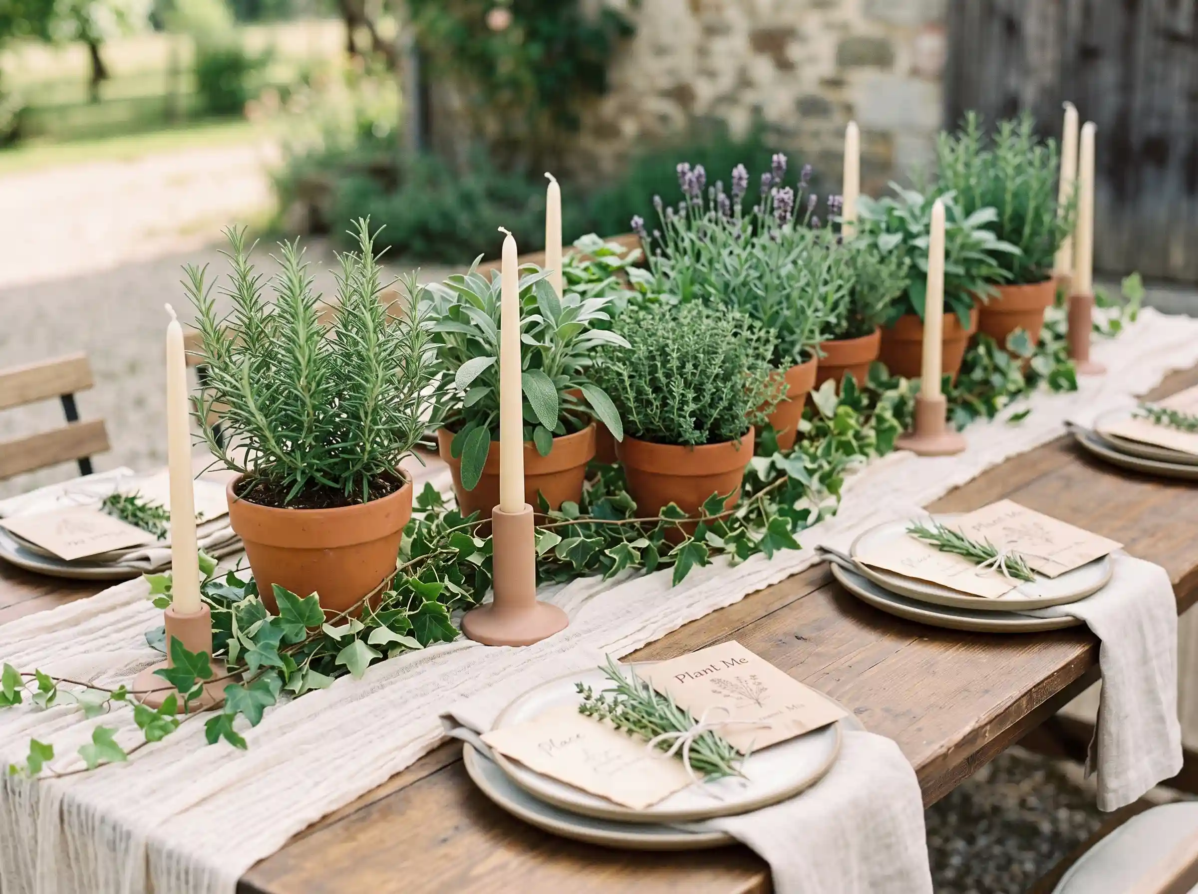 Farm-to-table herb garden wedding tablescape with rosemary sage thyme in terracotta pots and cream gauze runner