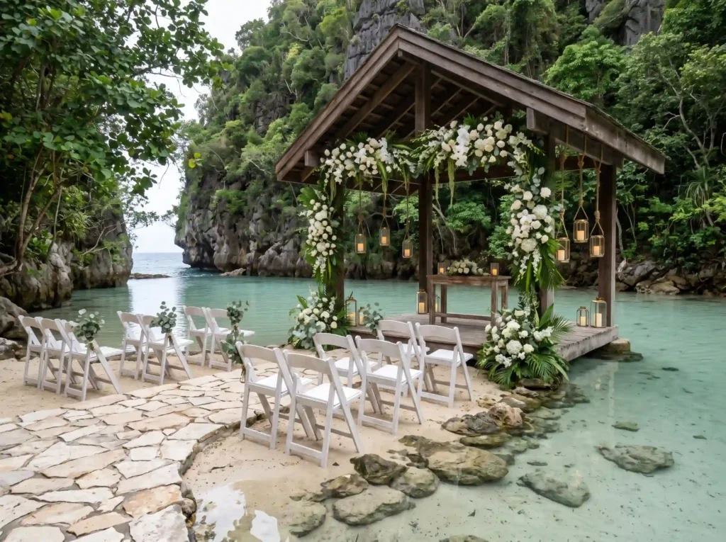 Hidden Lagoon Sanctuary Inspiration A secluded Lagoon wedding ceremony floral p…