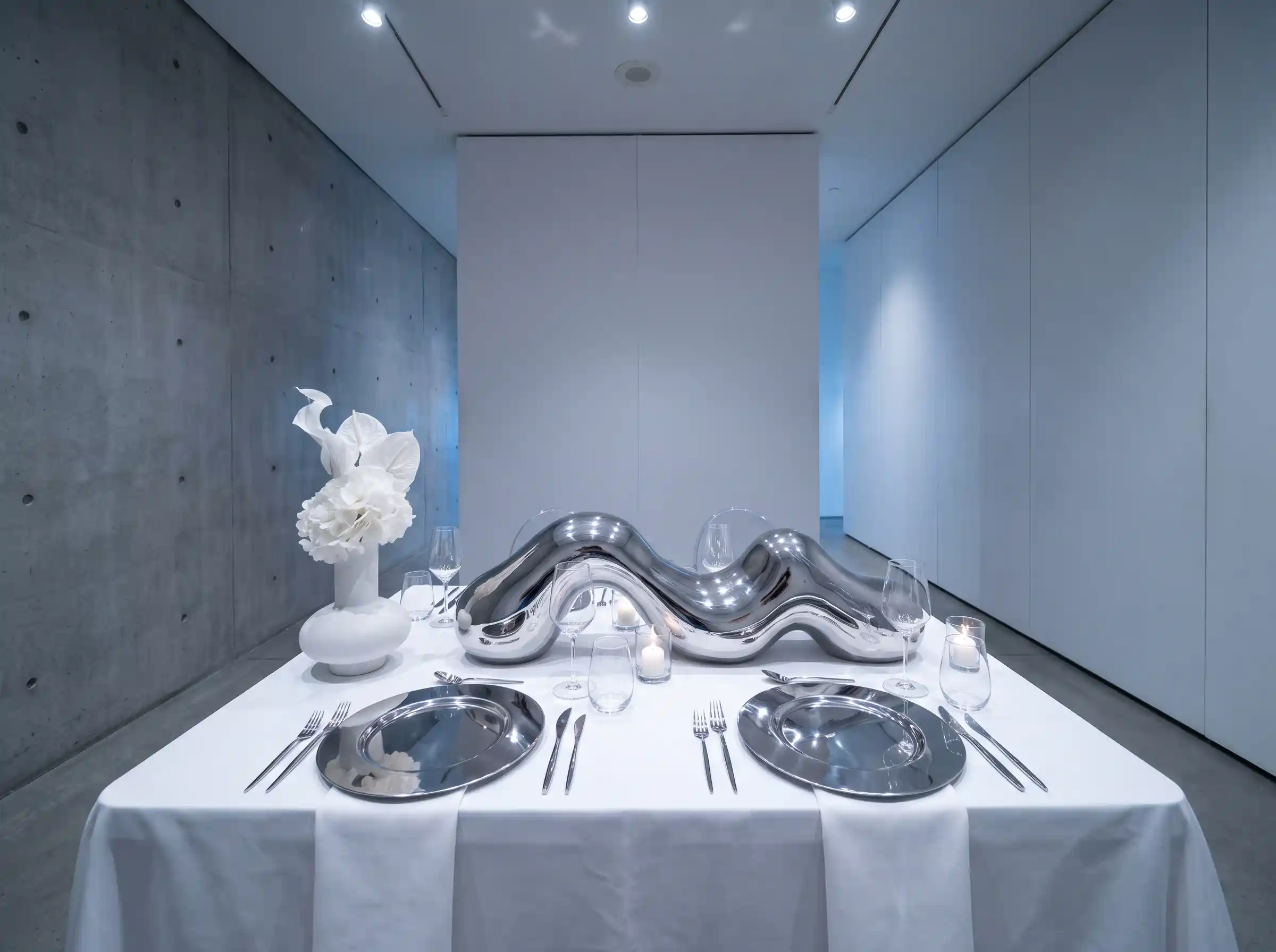 Futuristic wedding dinner table with chrome metallic accents sleek shapes and silver reflective surfaces