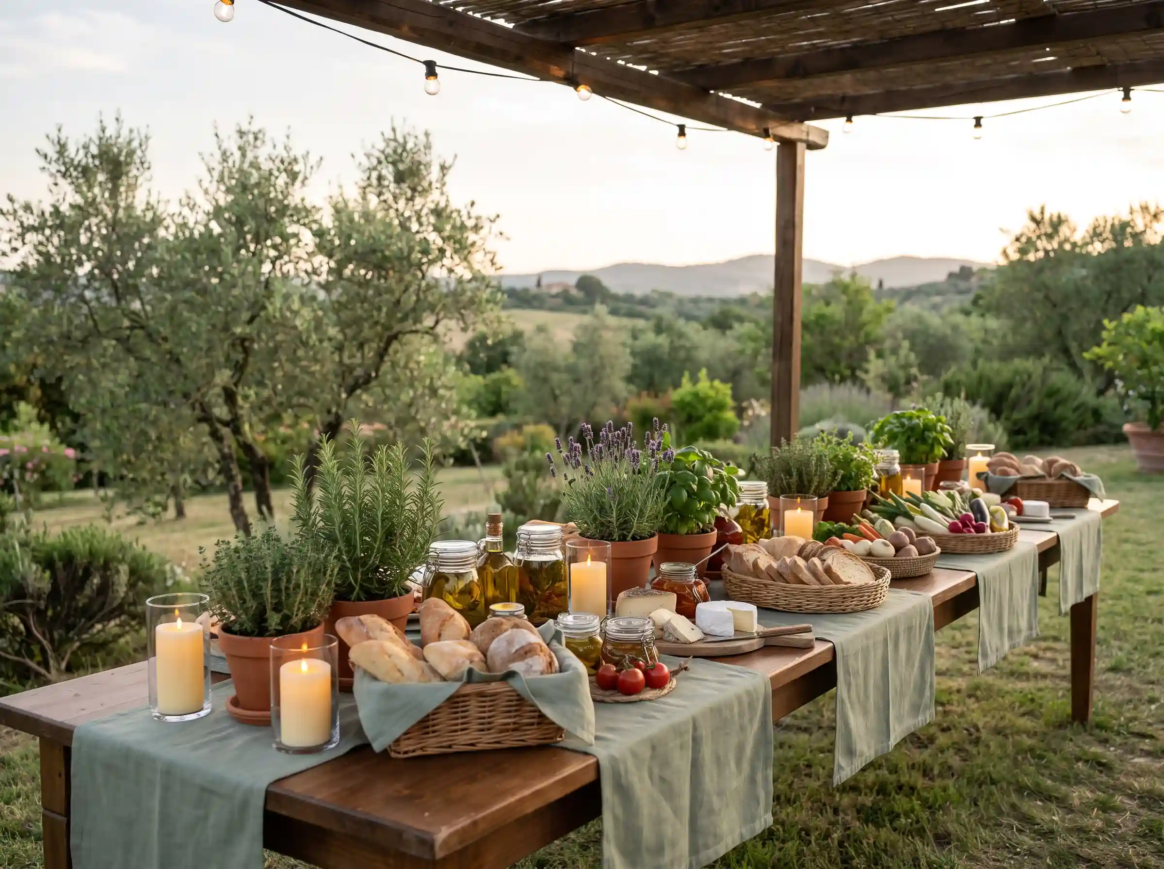 Living herb culinary wedding table with rosemary lavender planters artisan breads and cheeses
