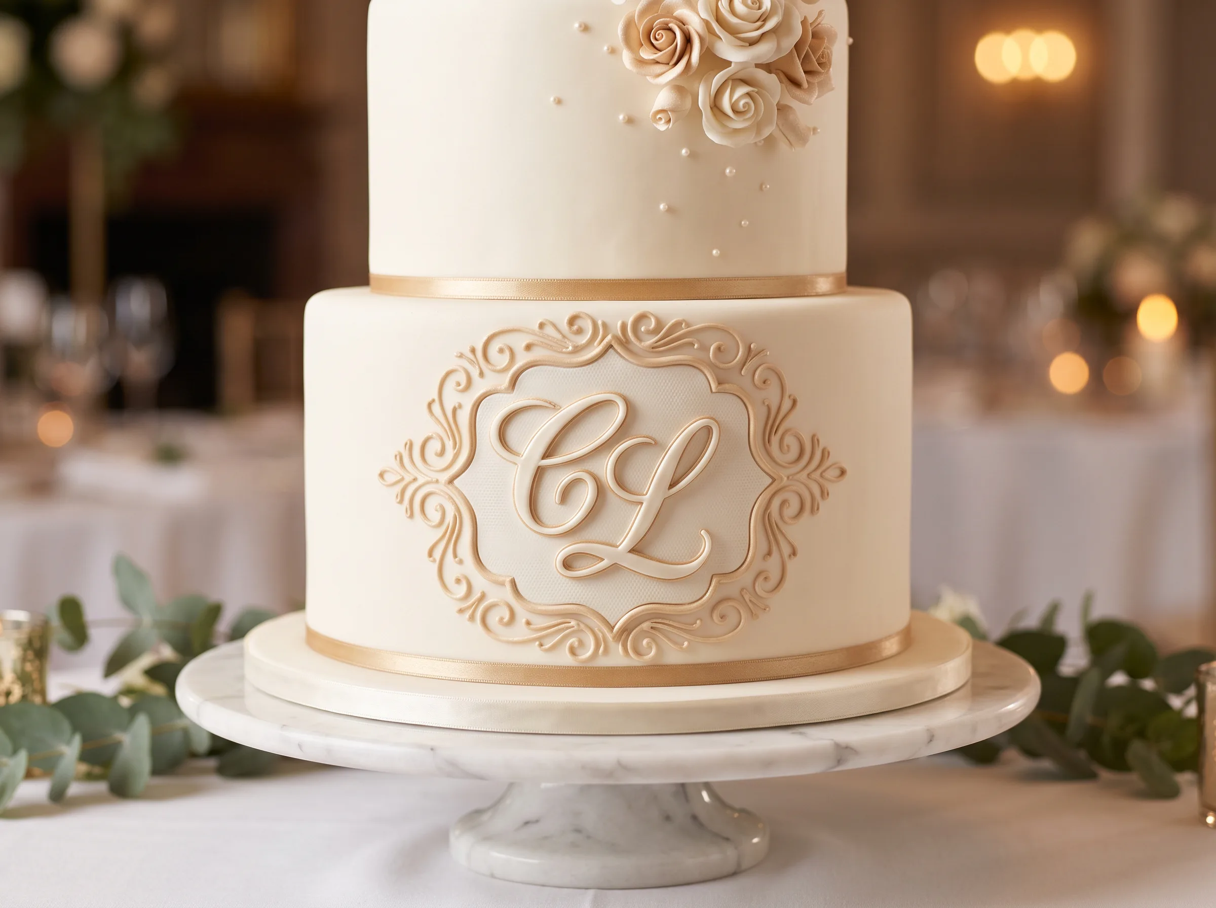 Classic two-tier white wedding cake featuring an elegant piped monogram with heritage styling