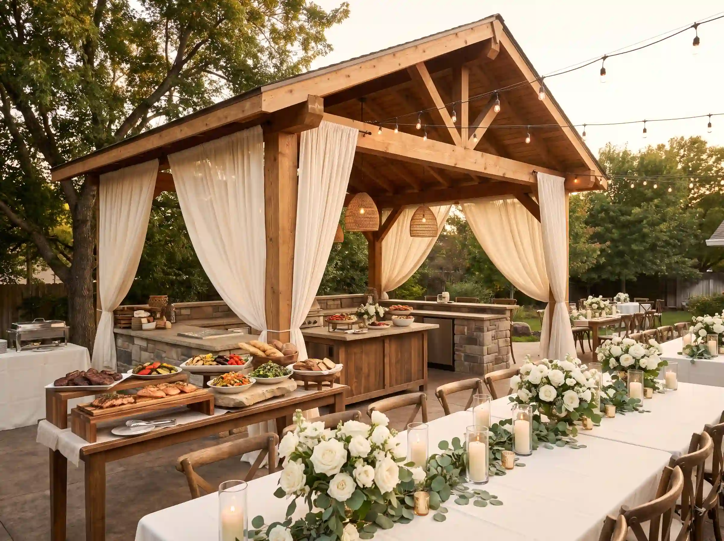 Timeless open-air BBQ pavilion wedding celebration with cedar timber frame and garden rose décor