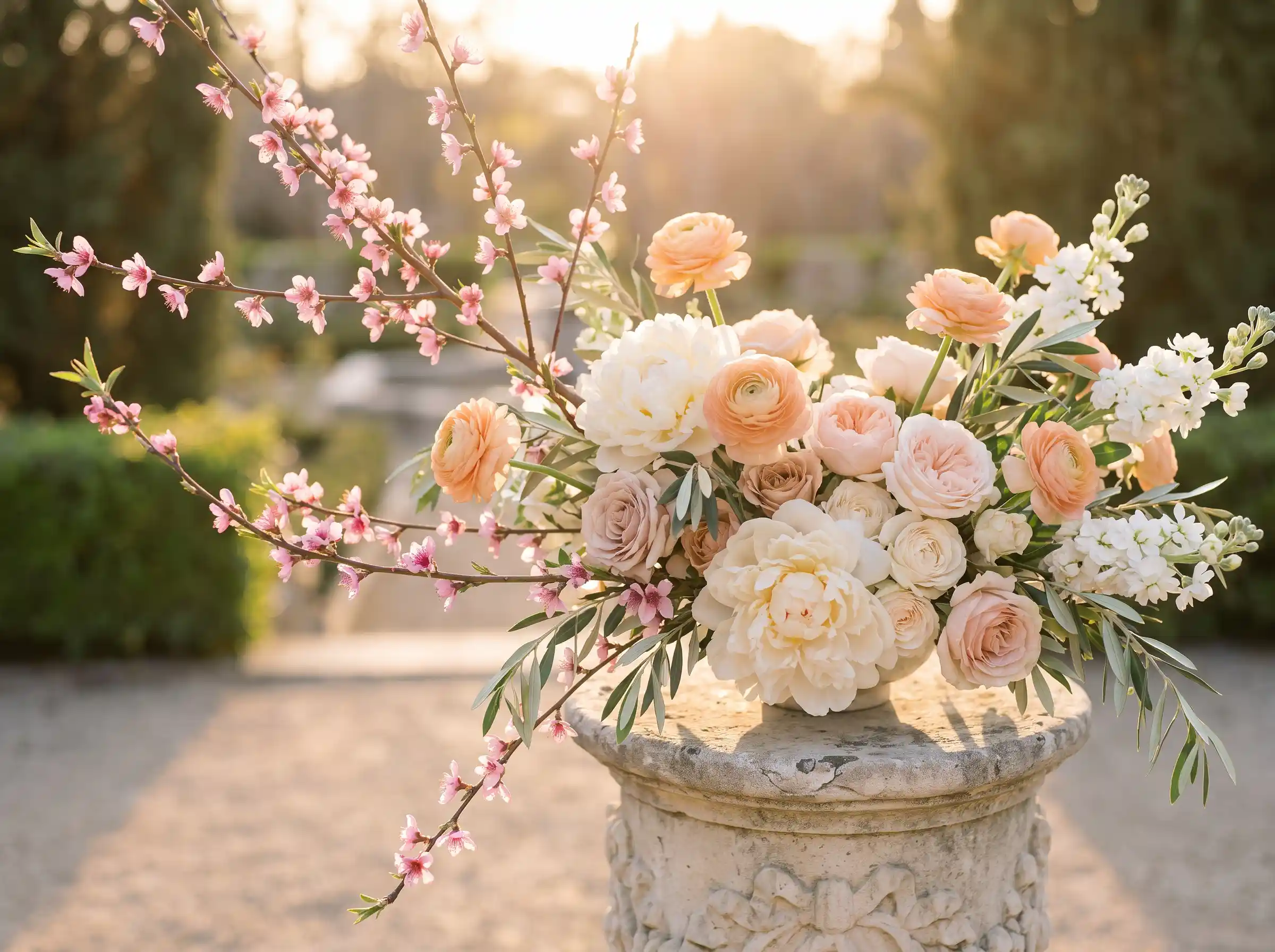 Peach blossom elegance spring wedding flowers with cream peonies blush roses on carved limestone pedestal