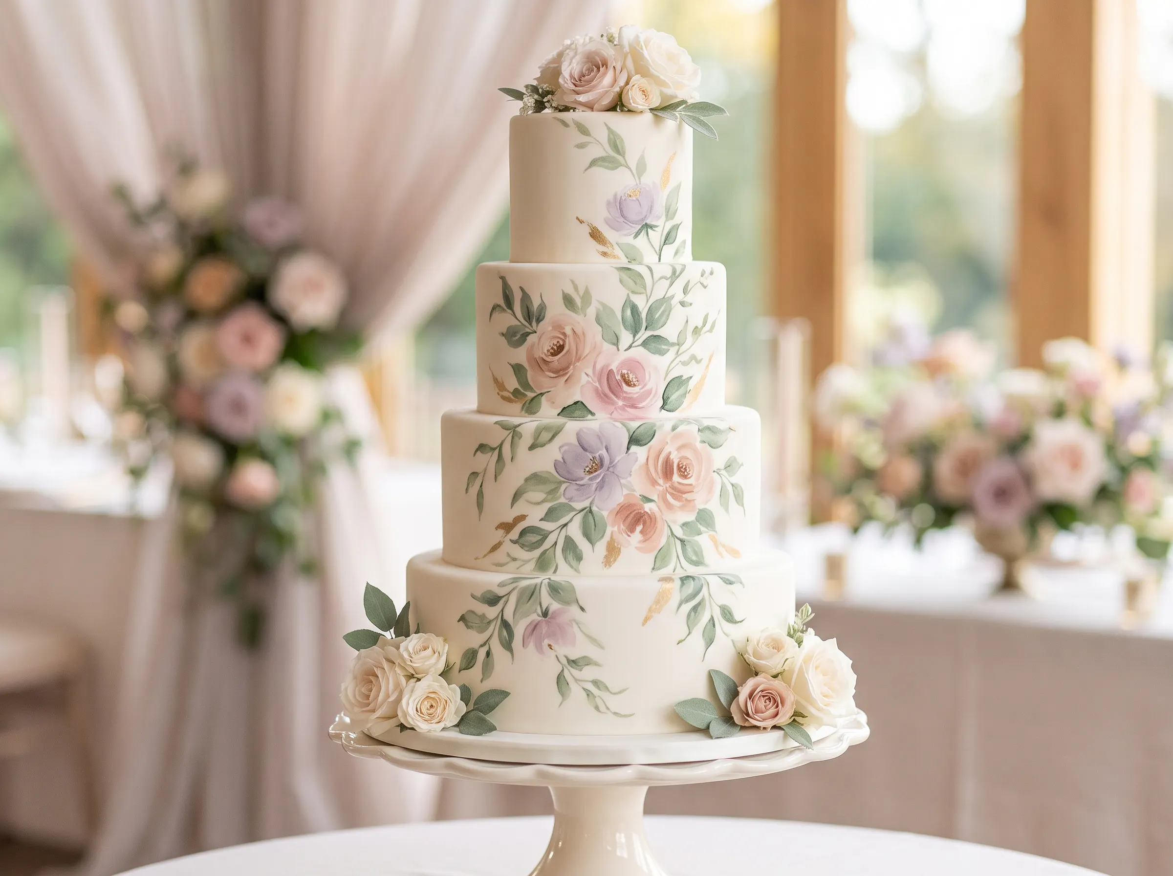 Hand-painted watercolor floral wedding cake with soft blended pastel bloom colors