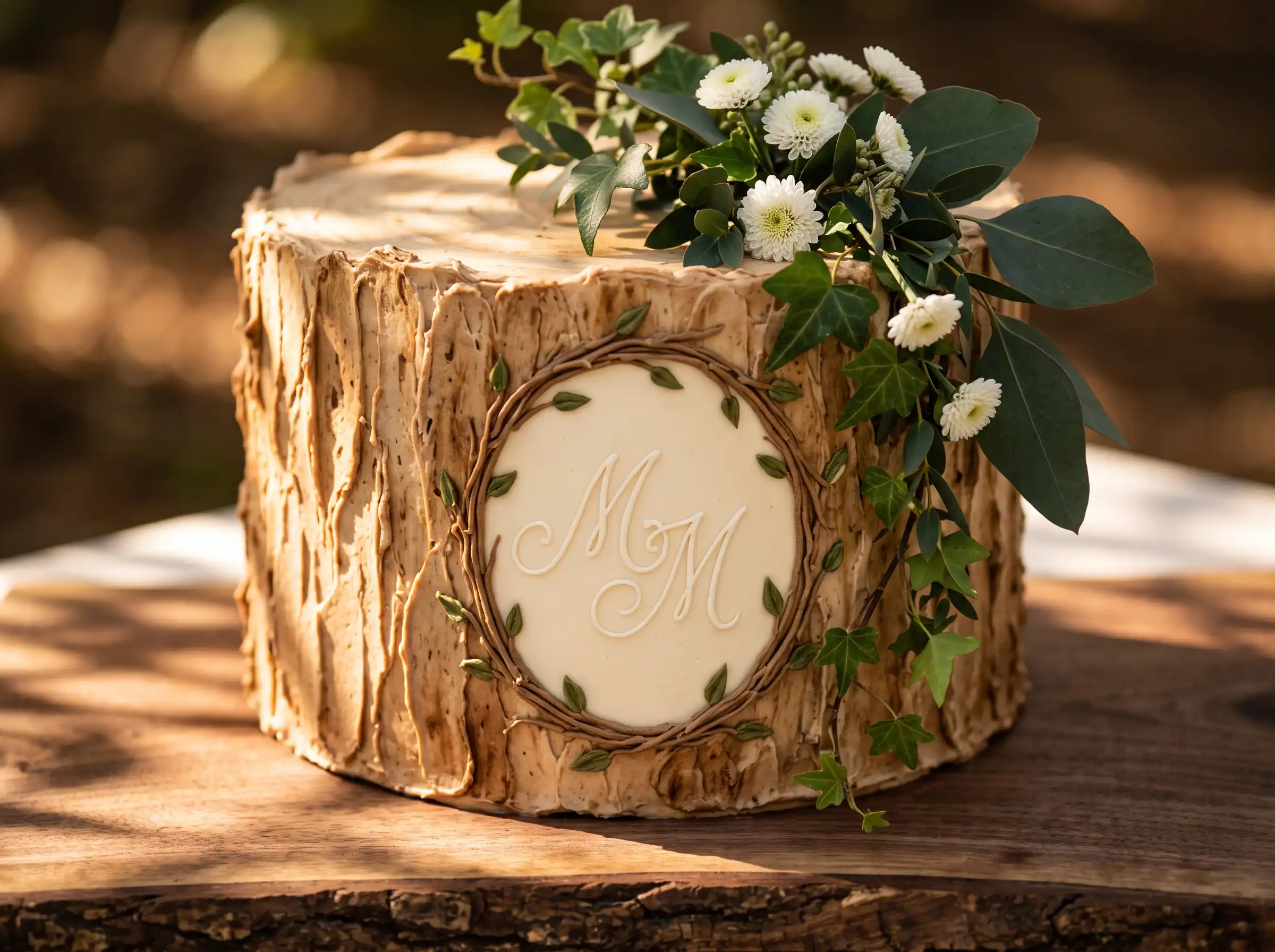 Bark-textured monogram wedding cake with trailing ivy eucalyptus and white button flowers