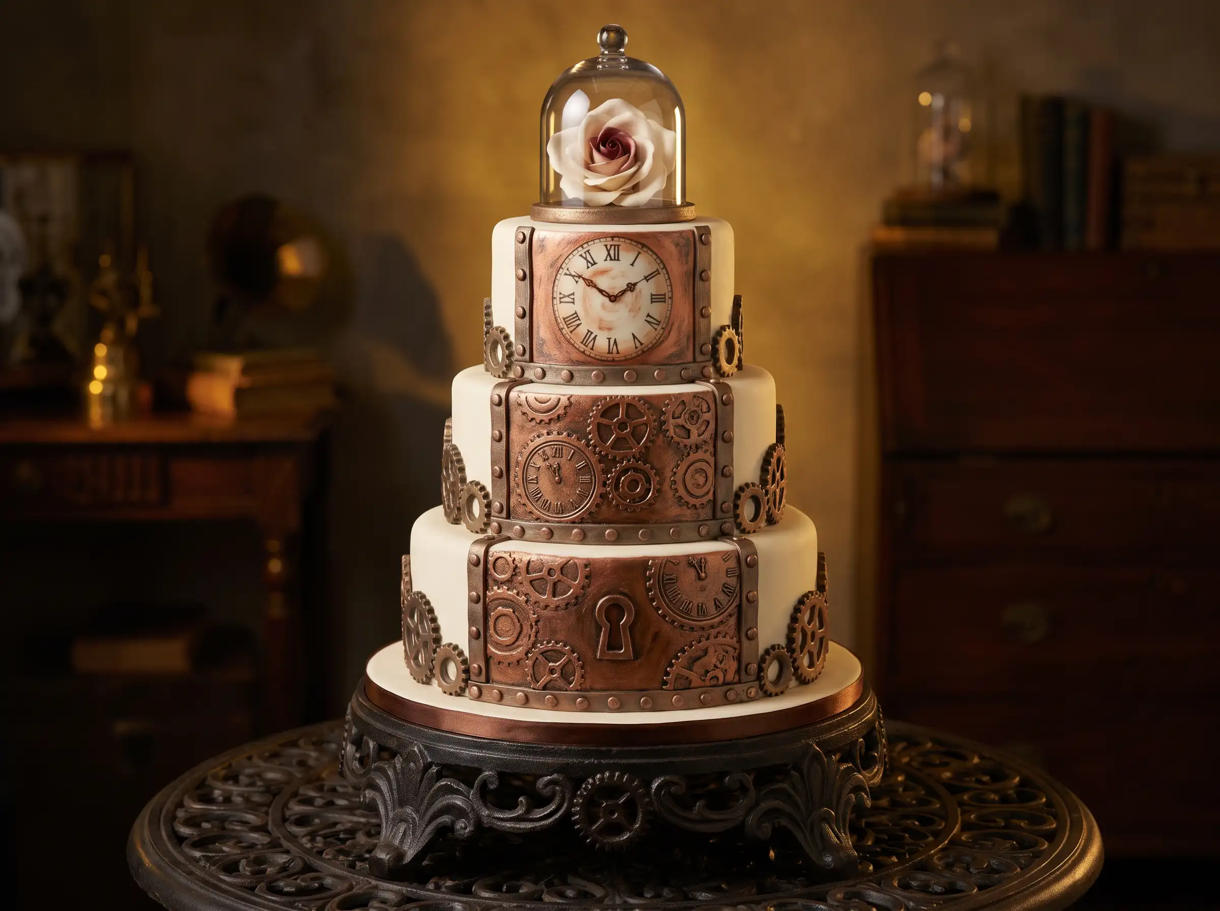 Steampunk wedding cake with copper gear panels clock face and glass cloche dome with fondant rose