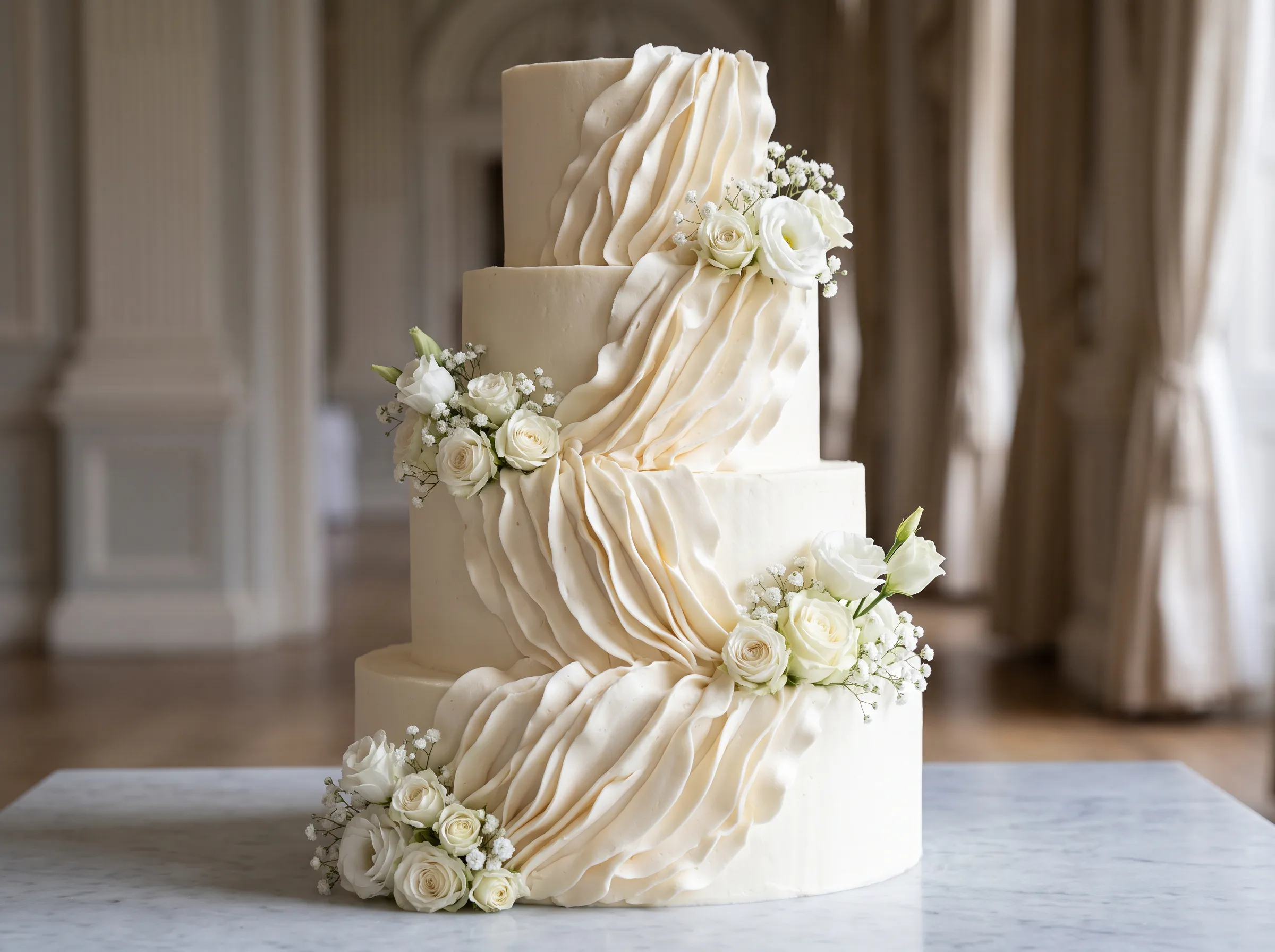 Vanilla wedding cake with couture inspired ruffled tiers in soft ivory and cream tones