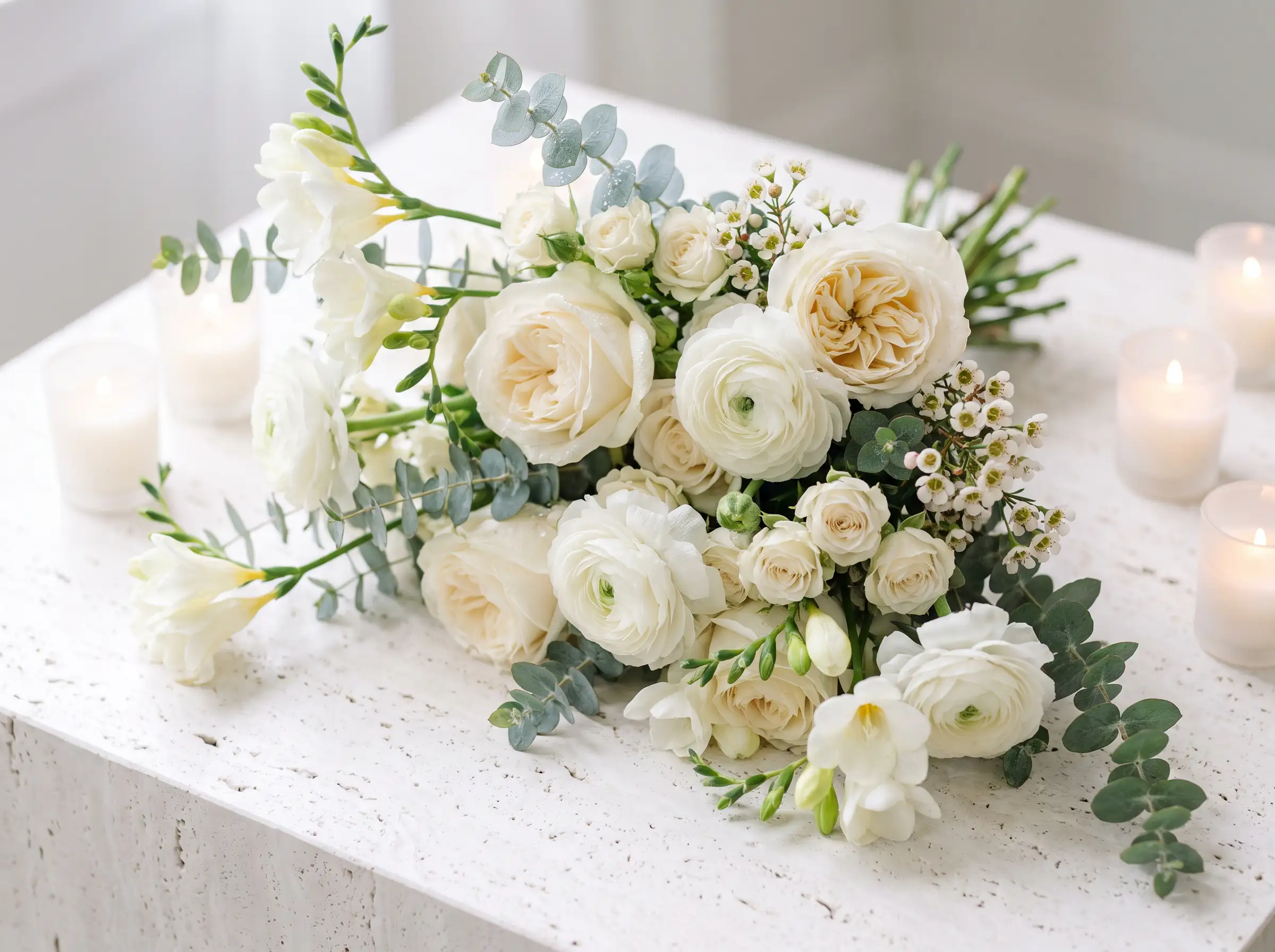 Fragrant white freesia winter wedding bouquet with ivory garden roses and waxflower