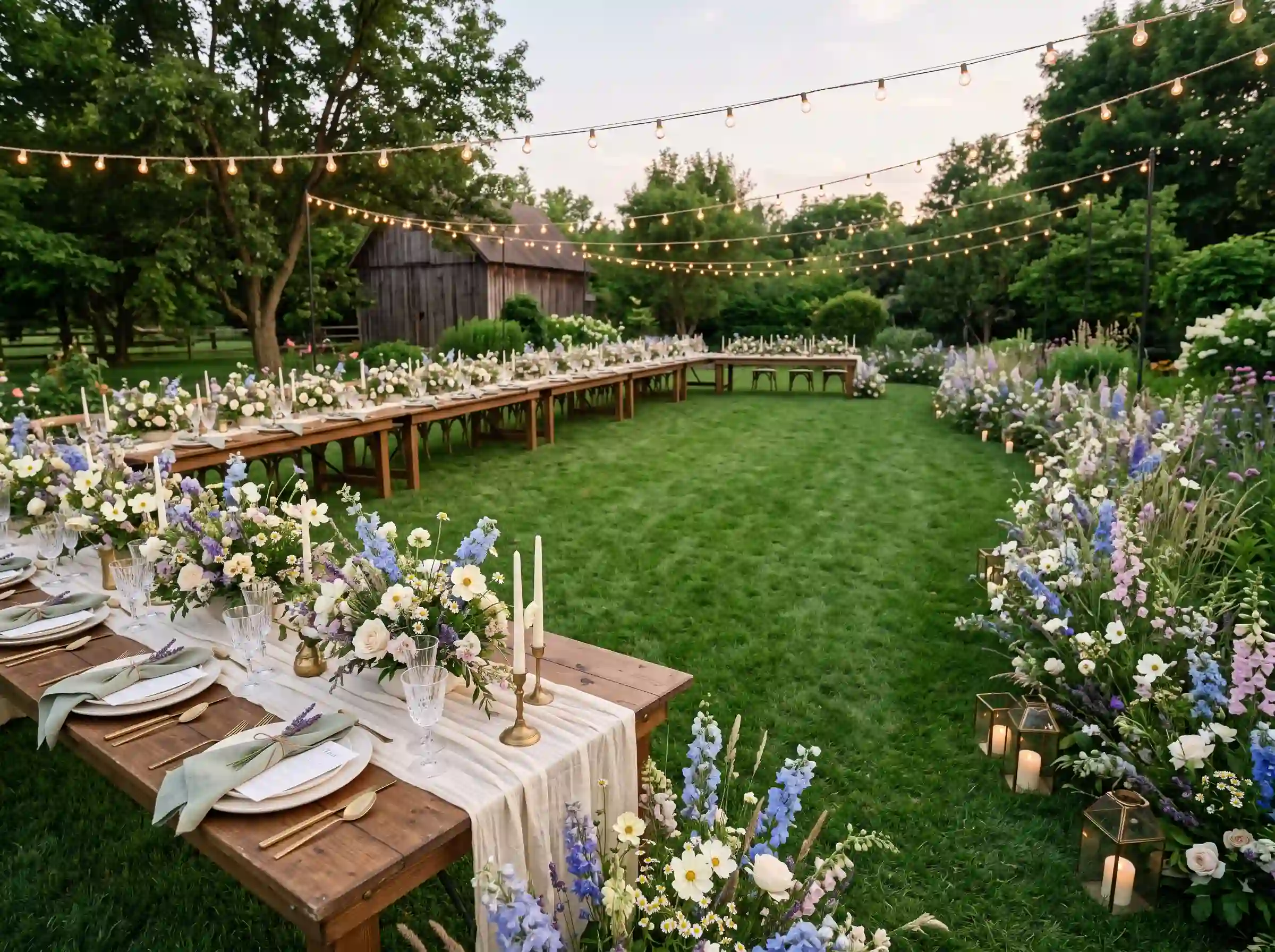 Luxe wildflower lawn reception with meadow floral borders farm tables fairy lights and lavender arrangements