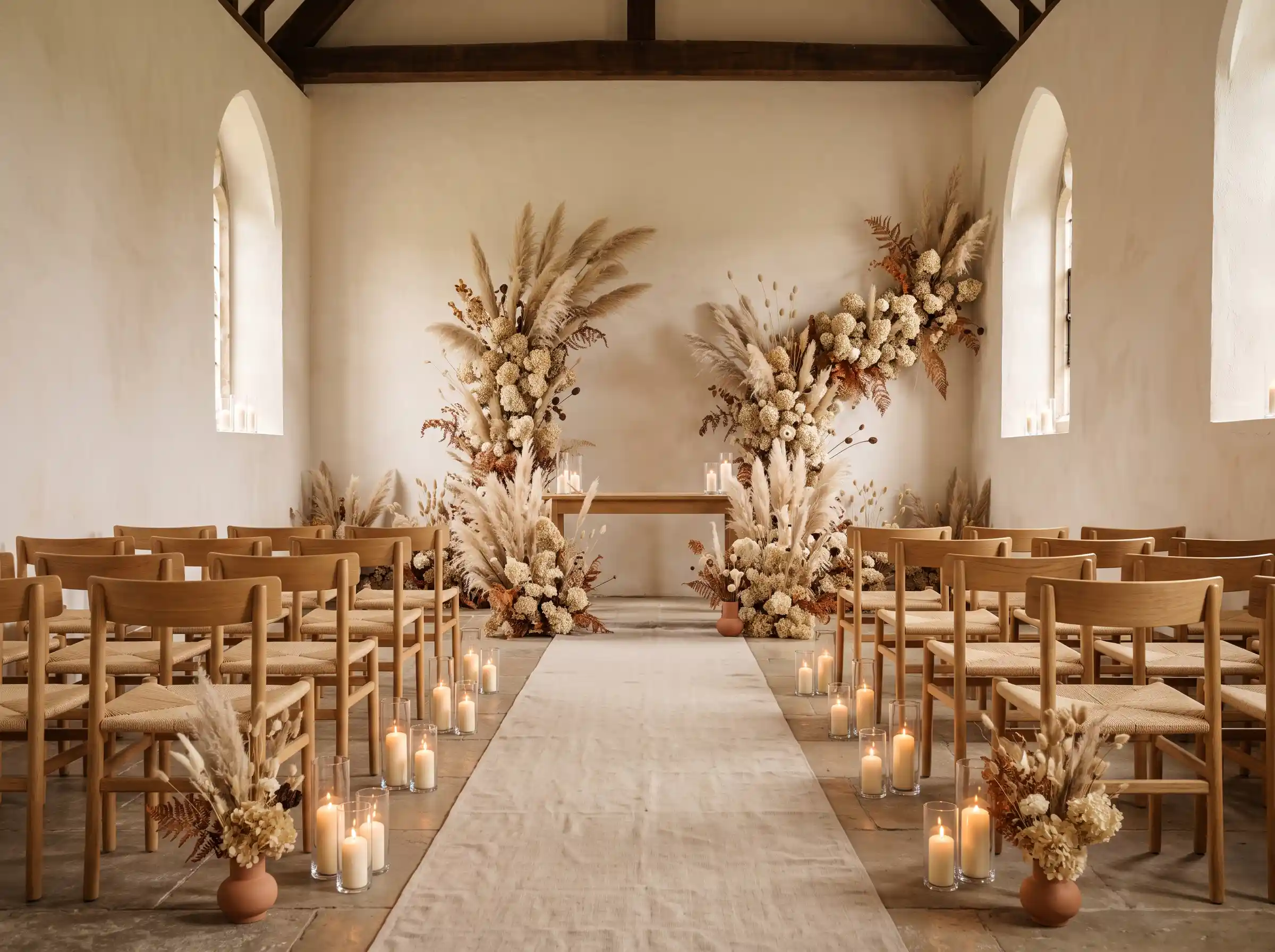 Minimalist chapel ceremony with dried pampas grass hydrangea arrangements and candlelit aisle runner