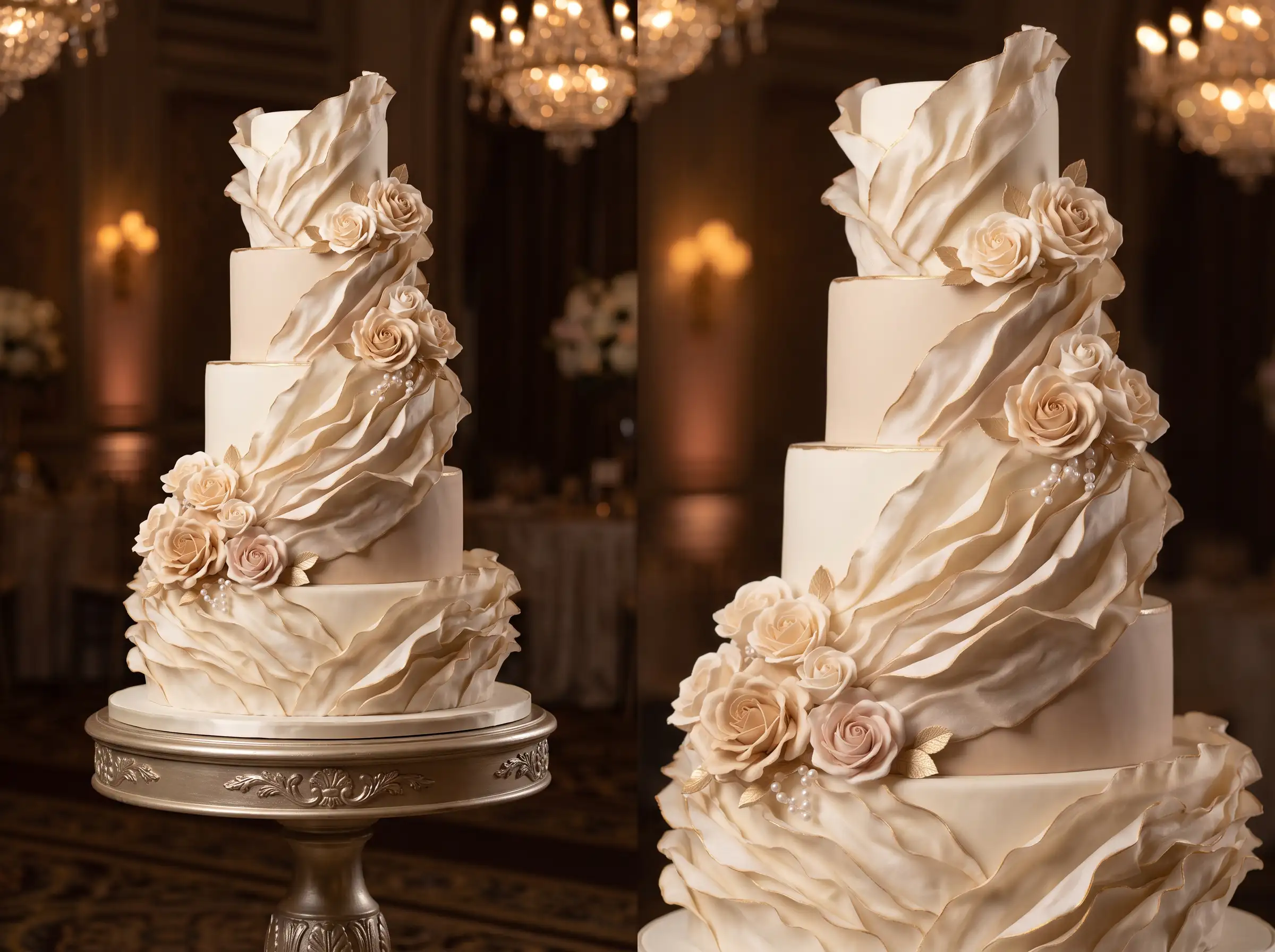 Champagne-colored wedding cake with cascading fondant ruffles and antique elegance