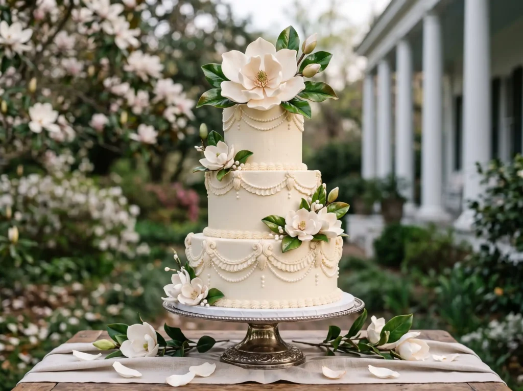 Antique Magnolia Estate Inspiration Blooming ma Wedding cake with magnolia blossoms