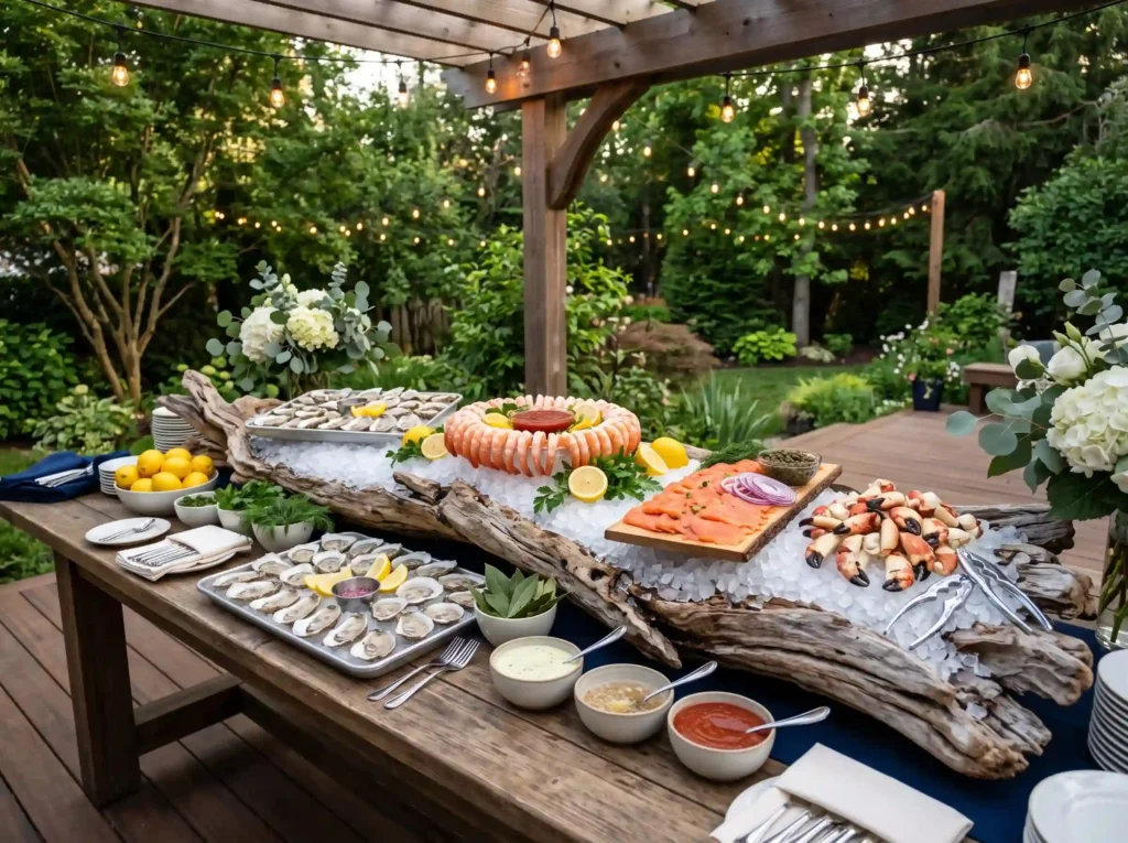 Backyard Seafood Oyster Bar Inspiration Coastal Seafood buffet driftwood ice dis…