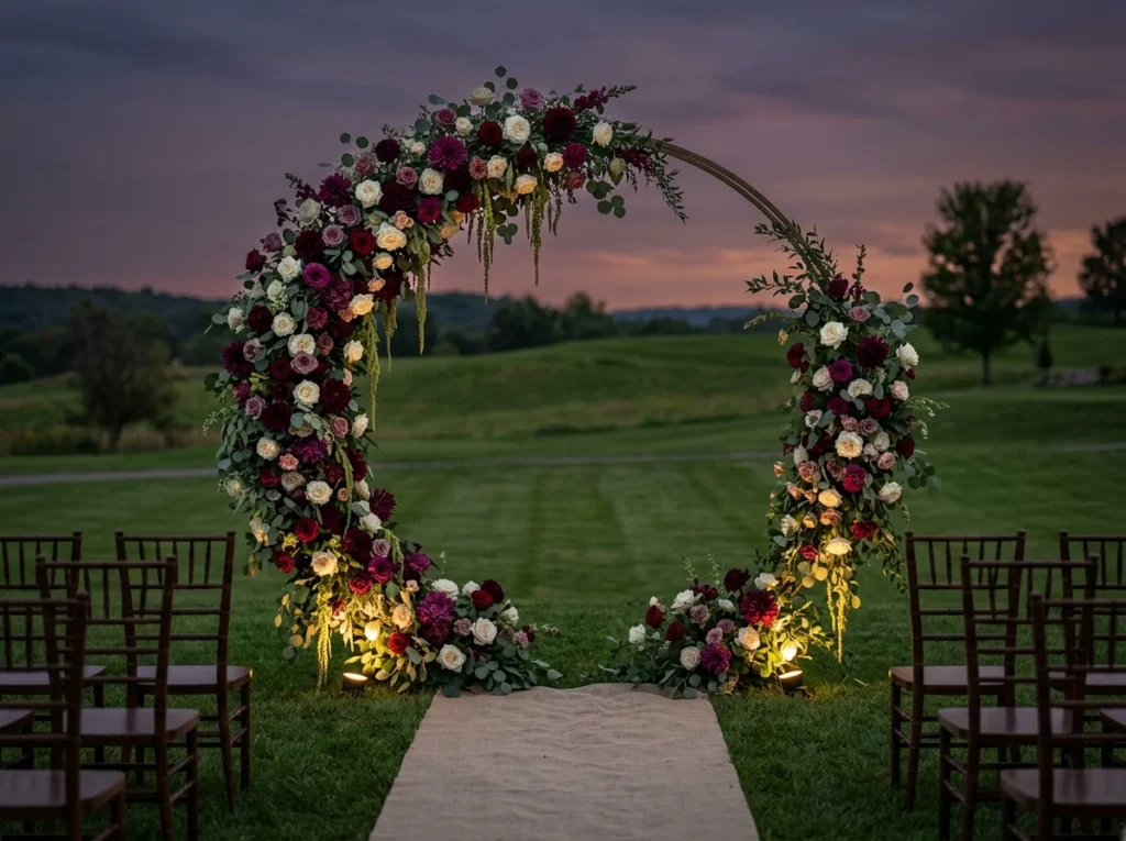 Burgundy Floral Crescent Arch Inspiration A mod Burgundy floral crescent arch