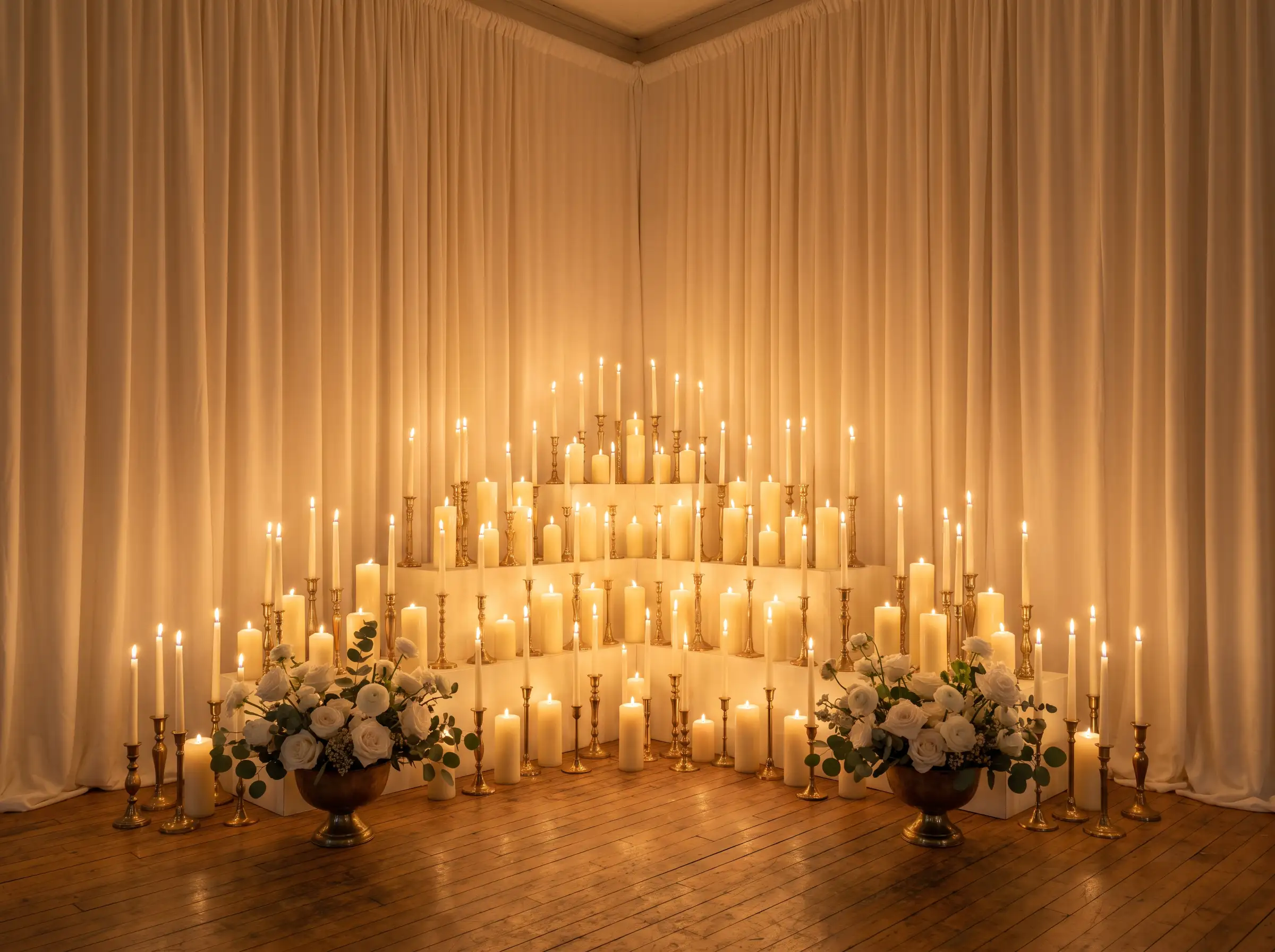 Pure candlelight wedding ceremony altar with clustered pillar candles in varying heights and warm glow