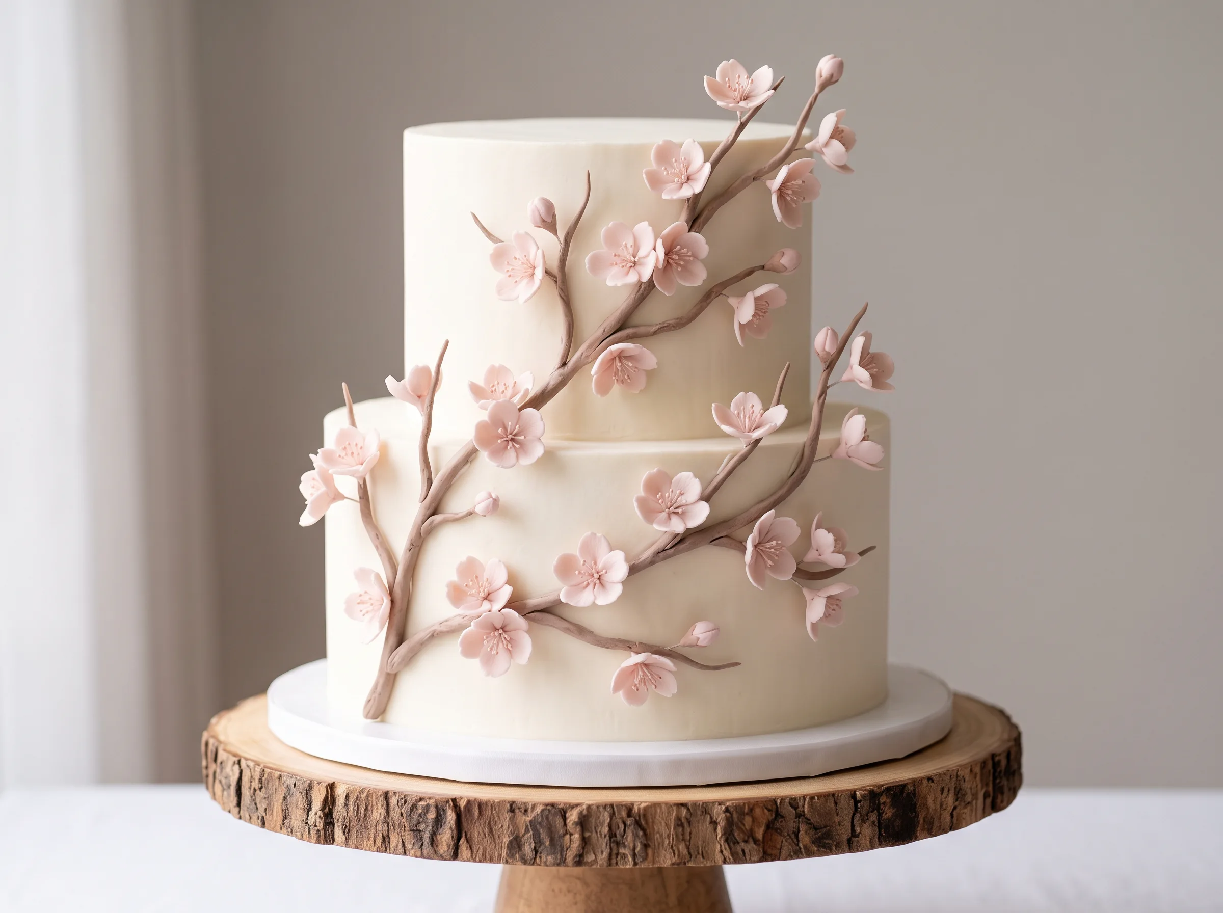 Delicate two-tier wedding cake with hand-painted cherry blossom branches in soft pink tones