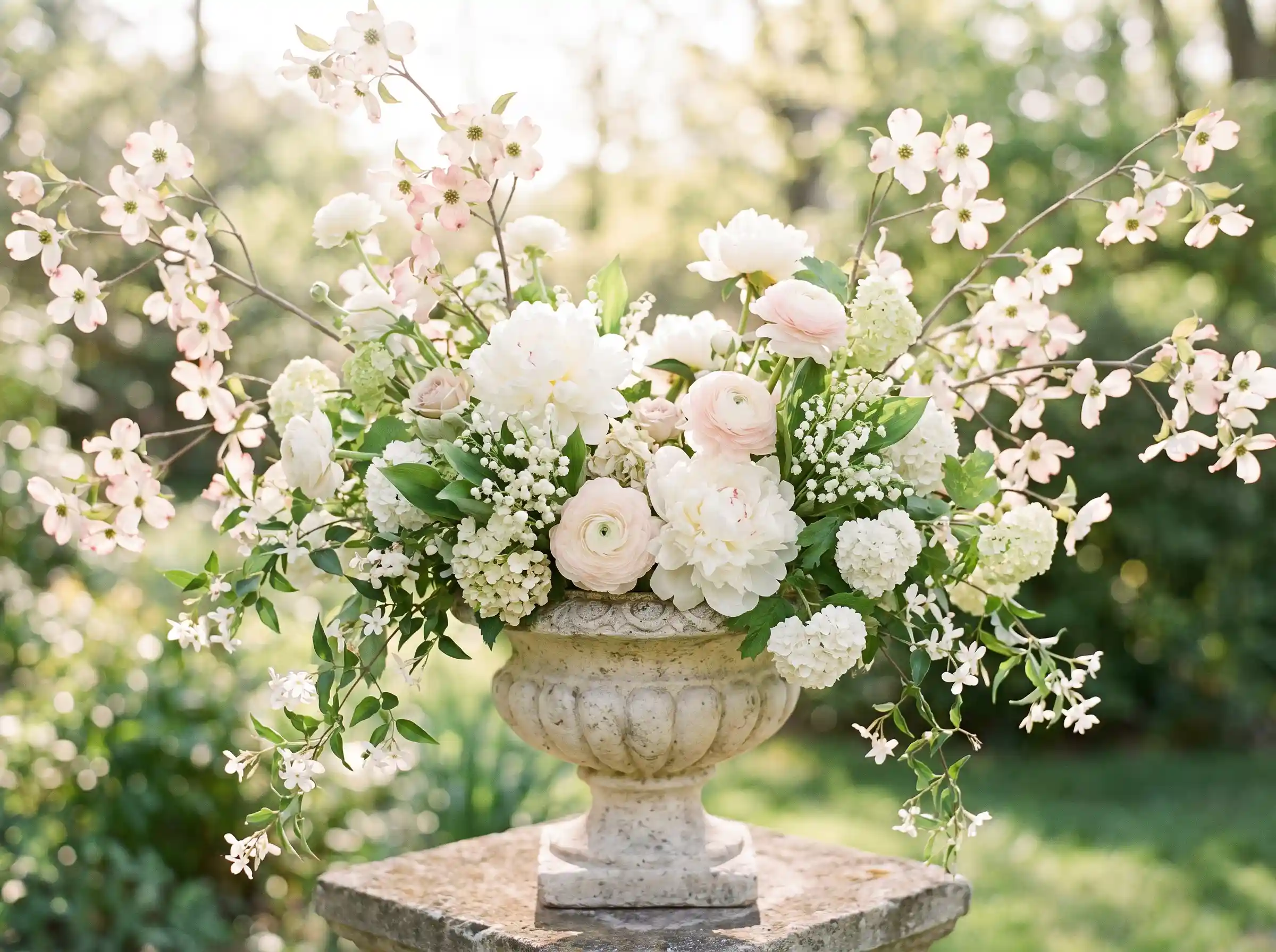 Dogwood blossom serenity wedding arrangement with white peonies blush ranunculus in carved limestone urn