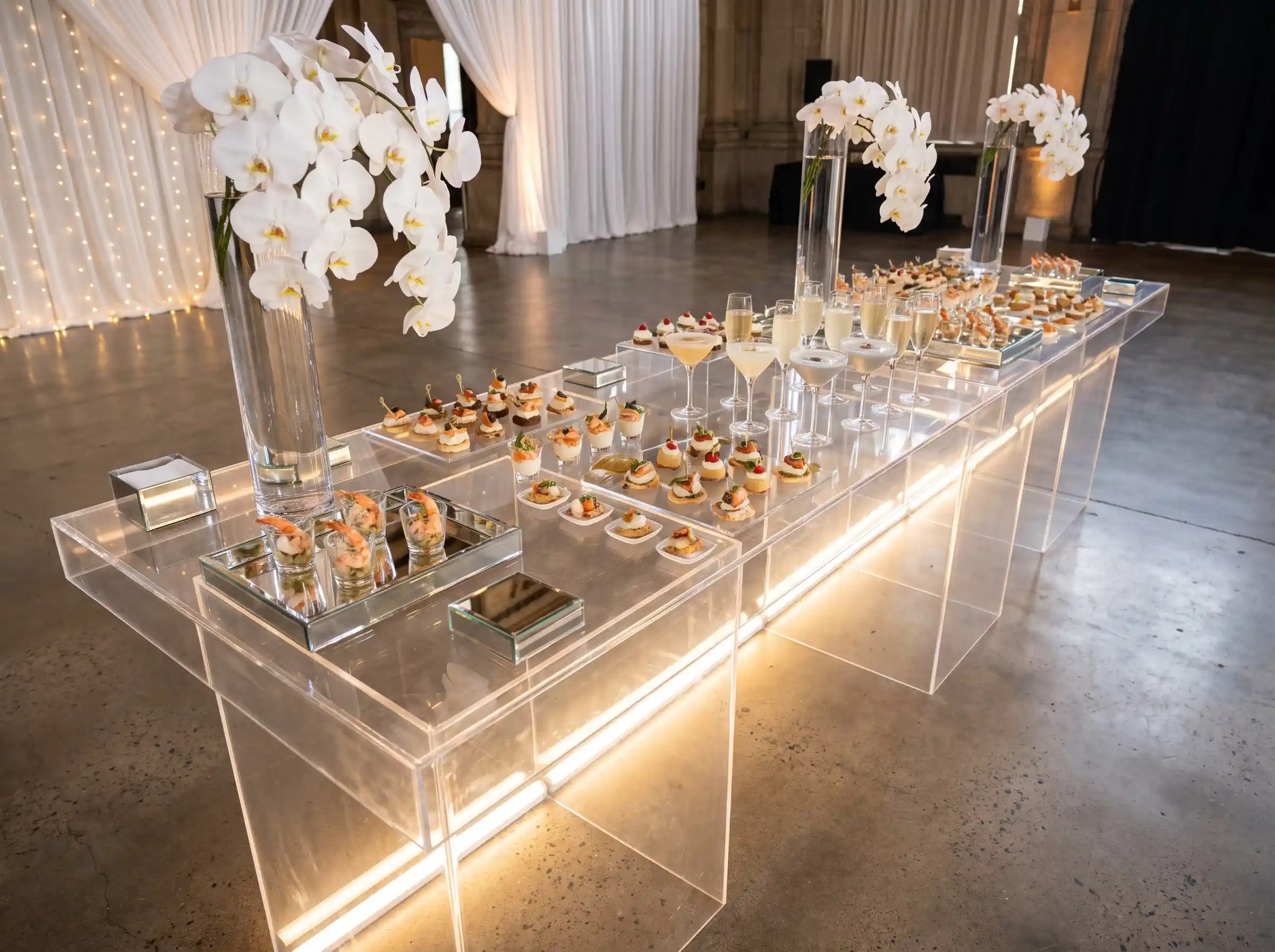 Illuminated acrylic wedding food bar with glowing LED lights white orchids and crystal vases