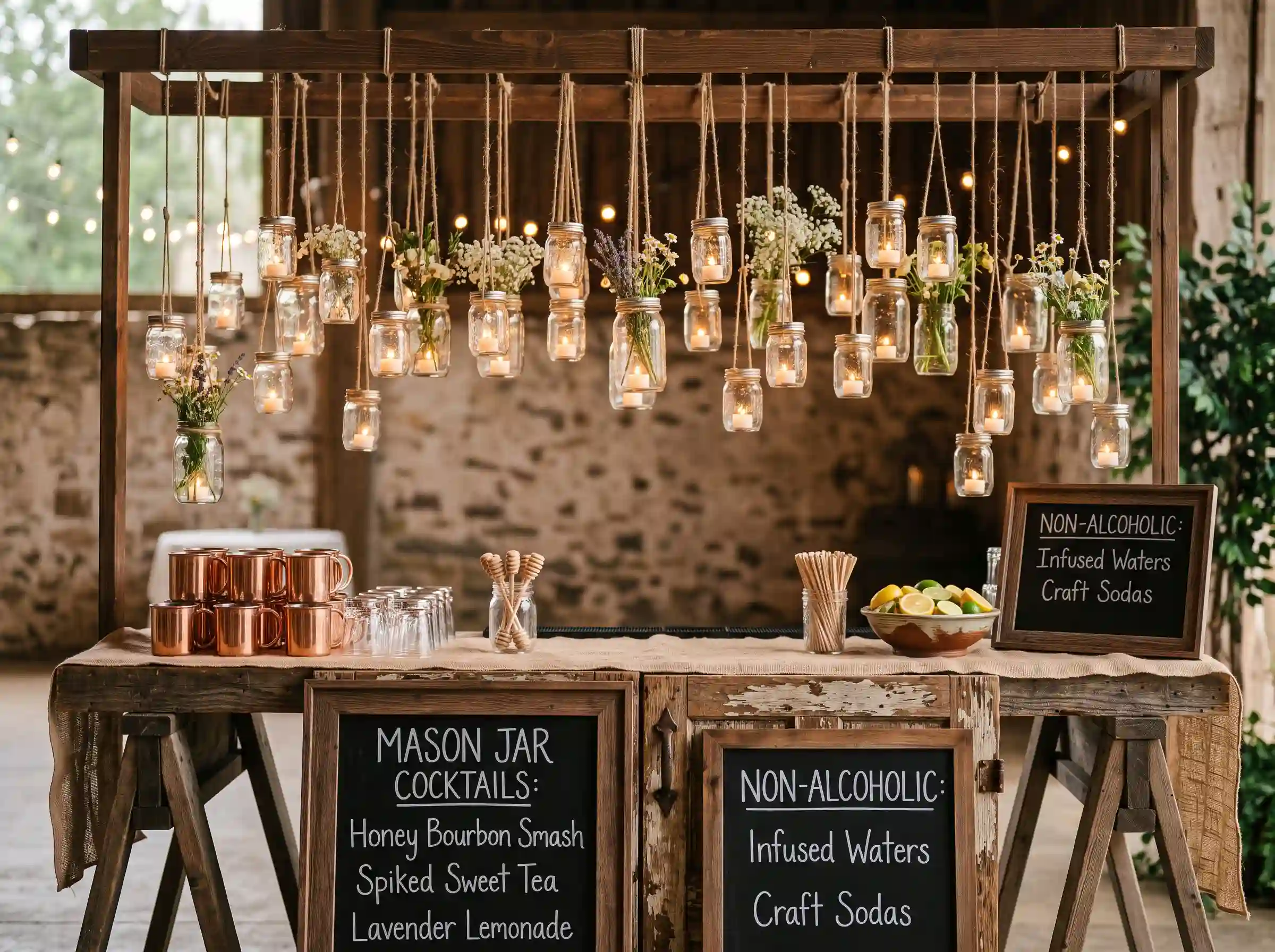 Rustic mason jar canopy bar station with glowing tea lights wildflower jars and reclaimed barn door bar top