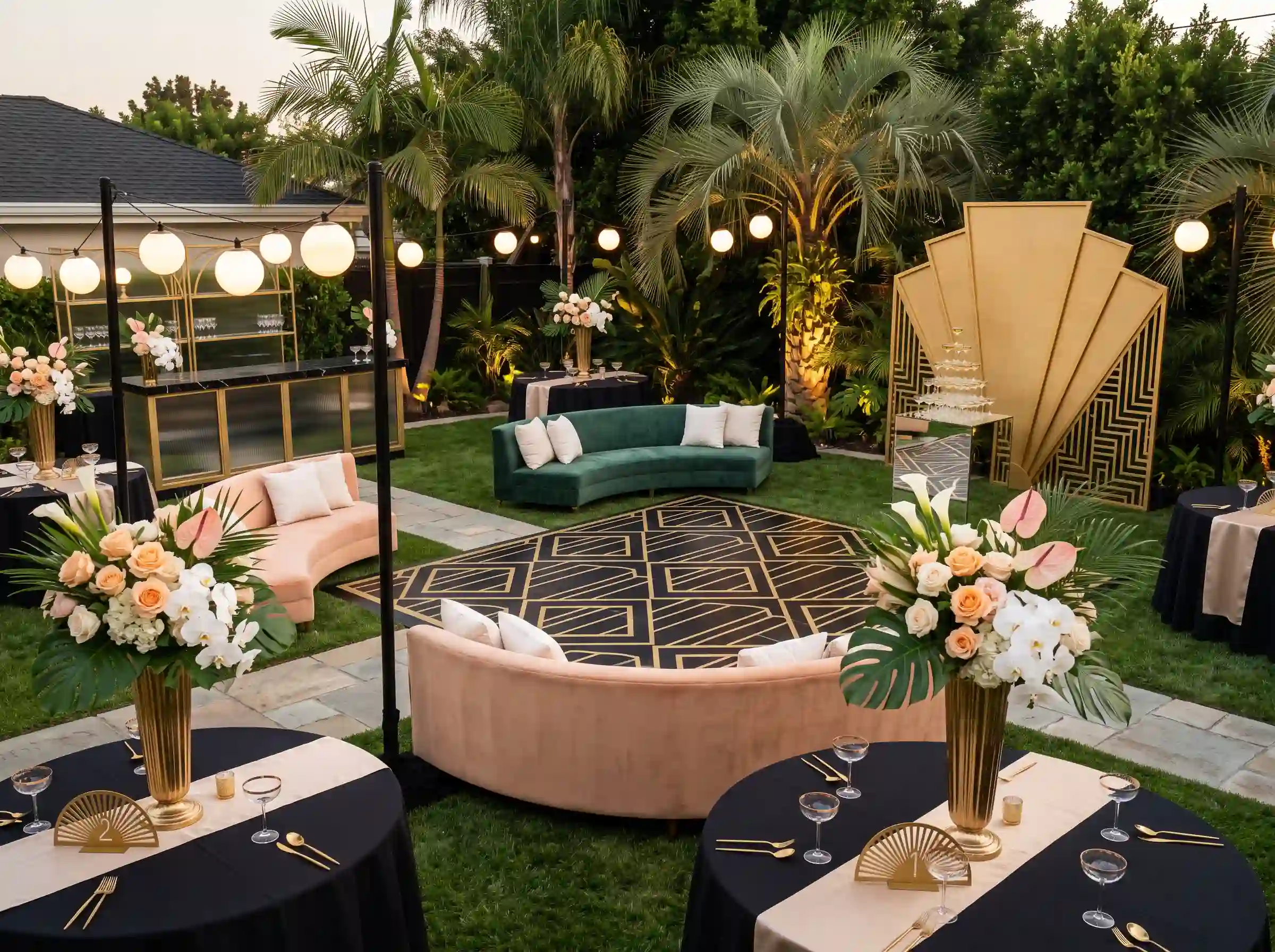Glamorous neo-deco garden reception with curved banquettes geometric dance floor gold bar and fan-shaped accents