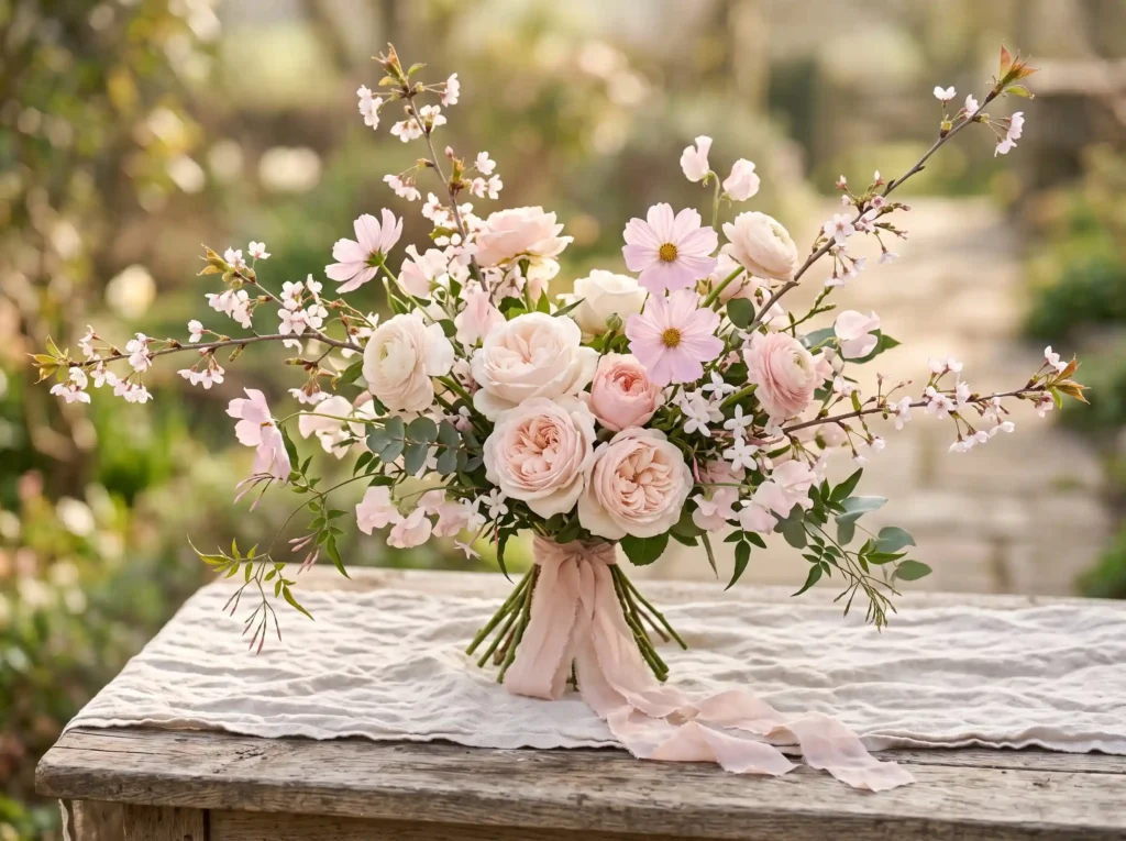 Pastel Blossom Breeze Inspiration Soft winds ca Floral composition with roses, c…
