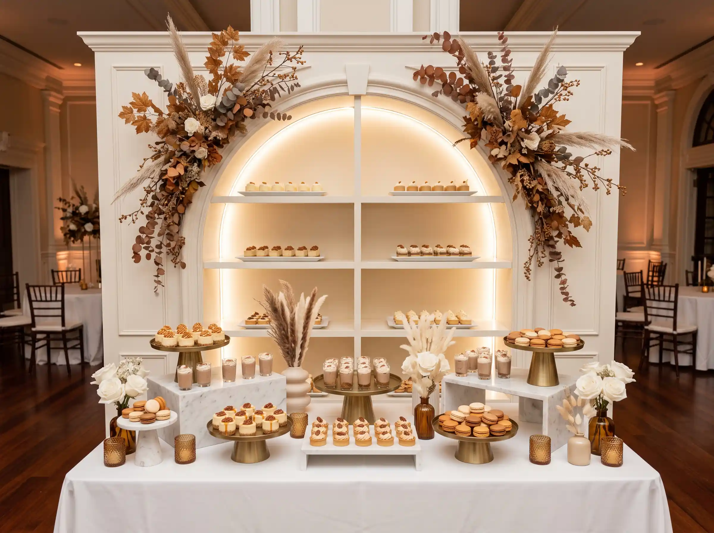 Luxury pumpkin cheesecake patisserie with illuminated arched display and marble risers at elegant wedding