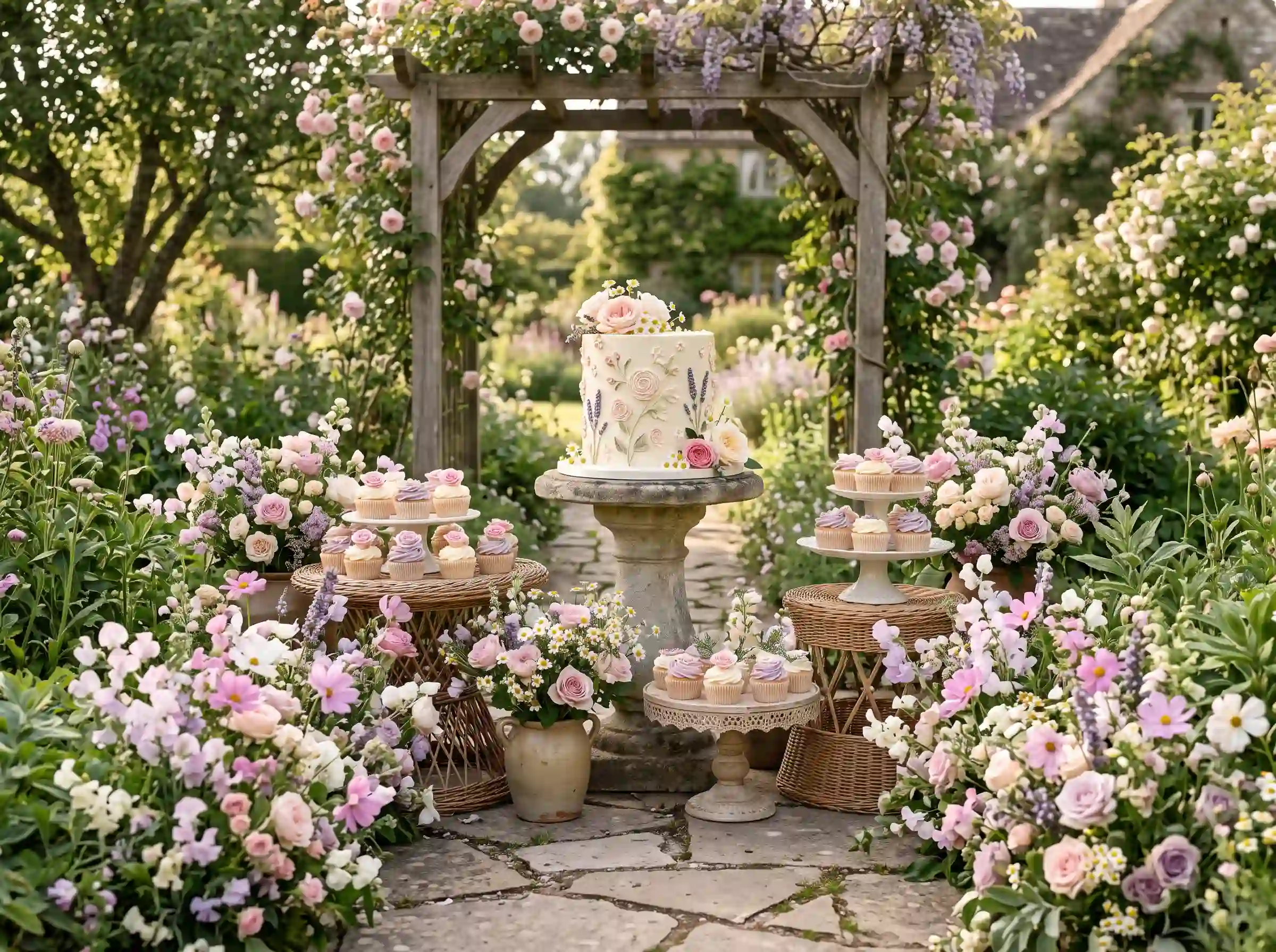 Romantic English cottage garden dessert display with charming small wedding cake and floral cupcakes