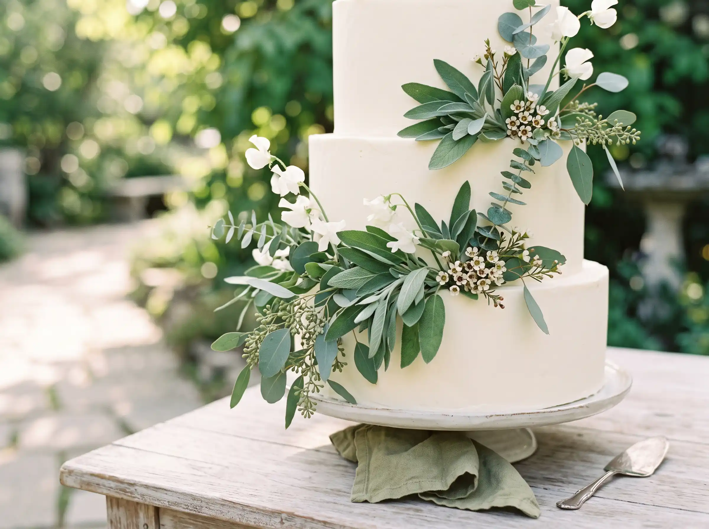 Calm botanical sage green wedding cake with garden inspired serene floral detailing