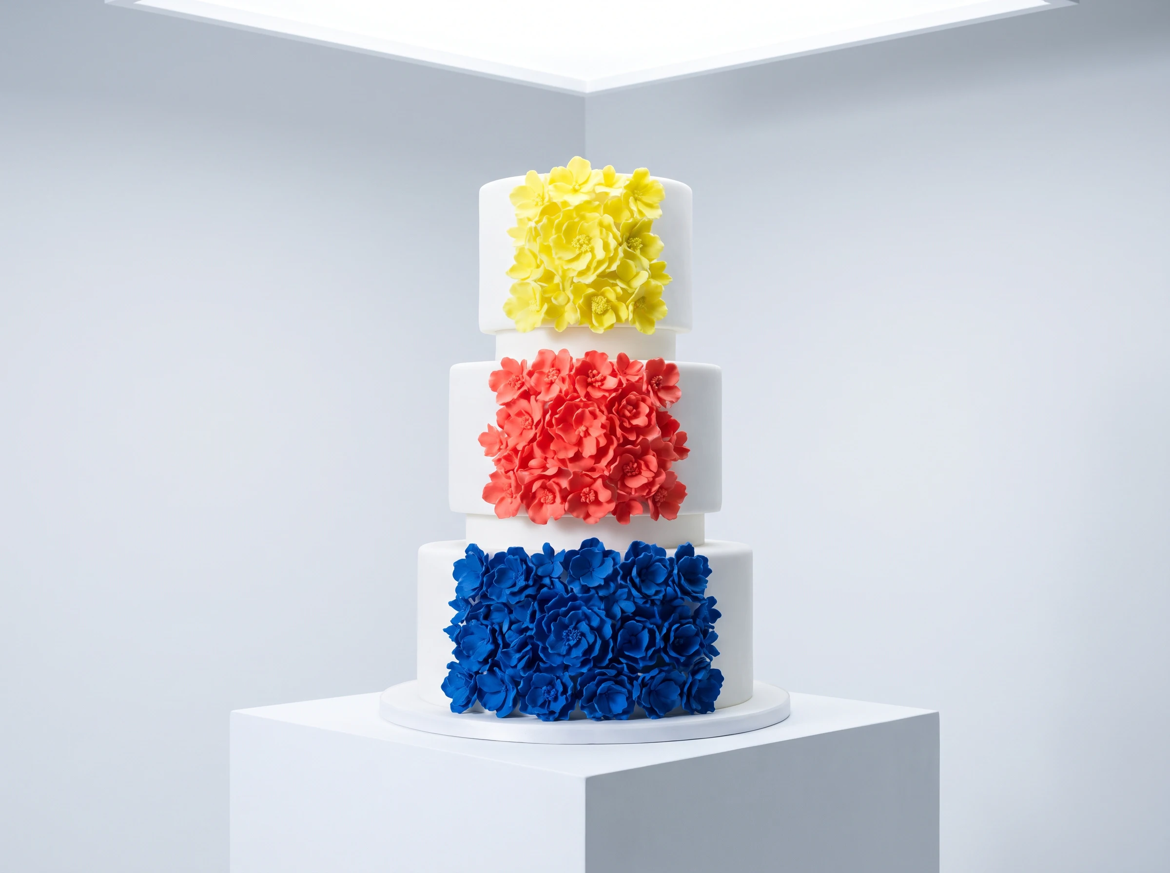 Modern white fondant wedding cake with color-blocked sugar florals in cobalt coral and lemon yellow