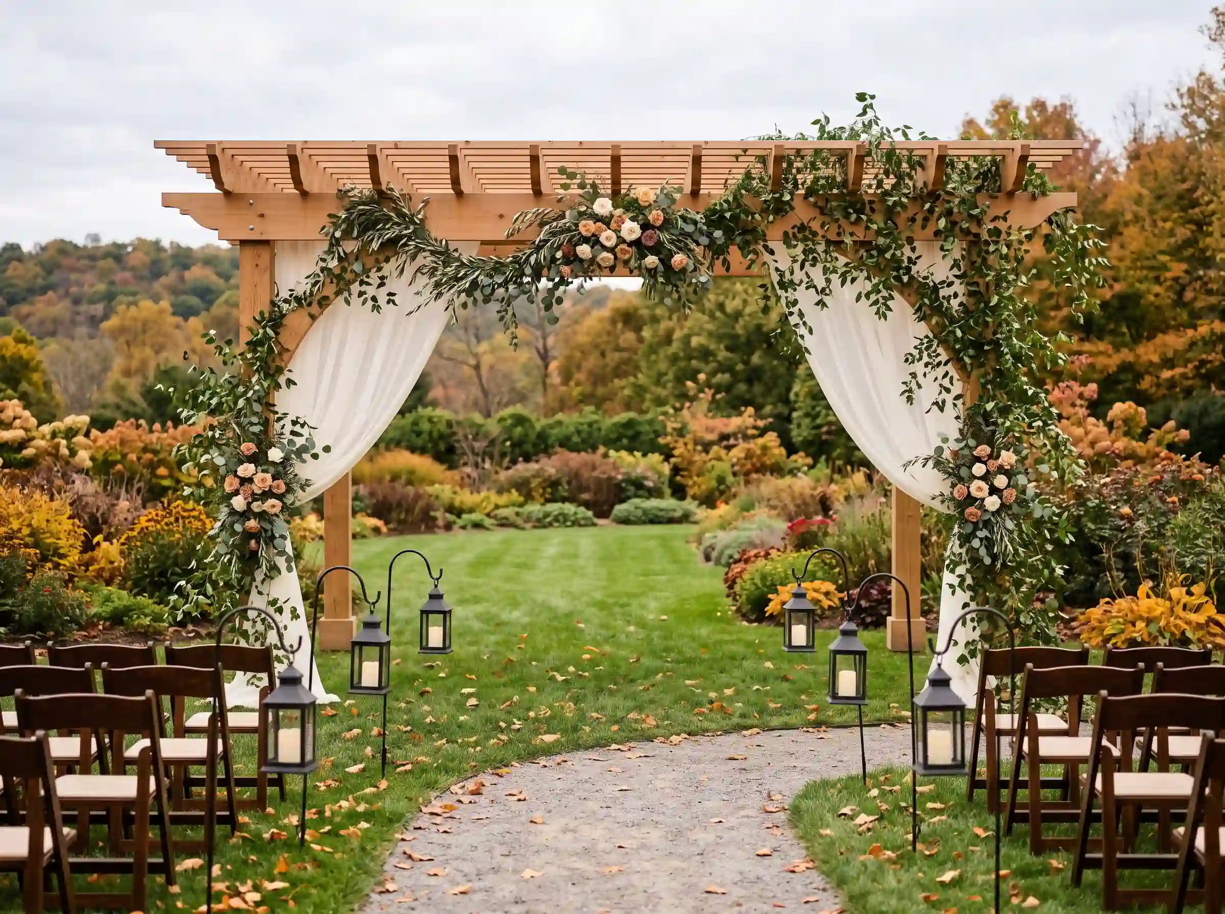 Garden wedding ceremony with wooden pergola sheer drapes climbing greenery and shepherd hook lanterns