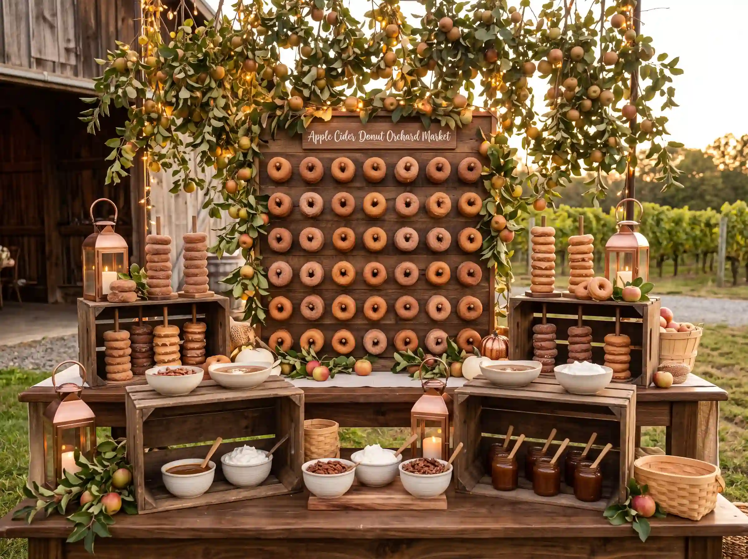 Apple cider donut wall display with reclaimed wood stacked donuts and fairy lights at barn wedding reception