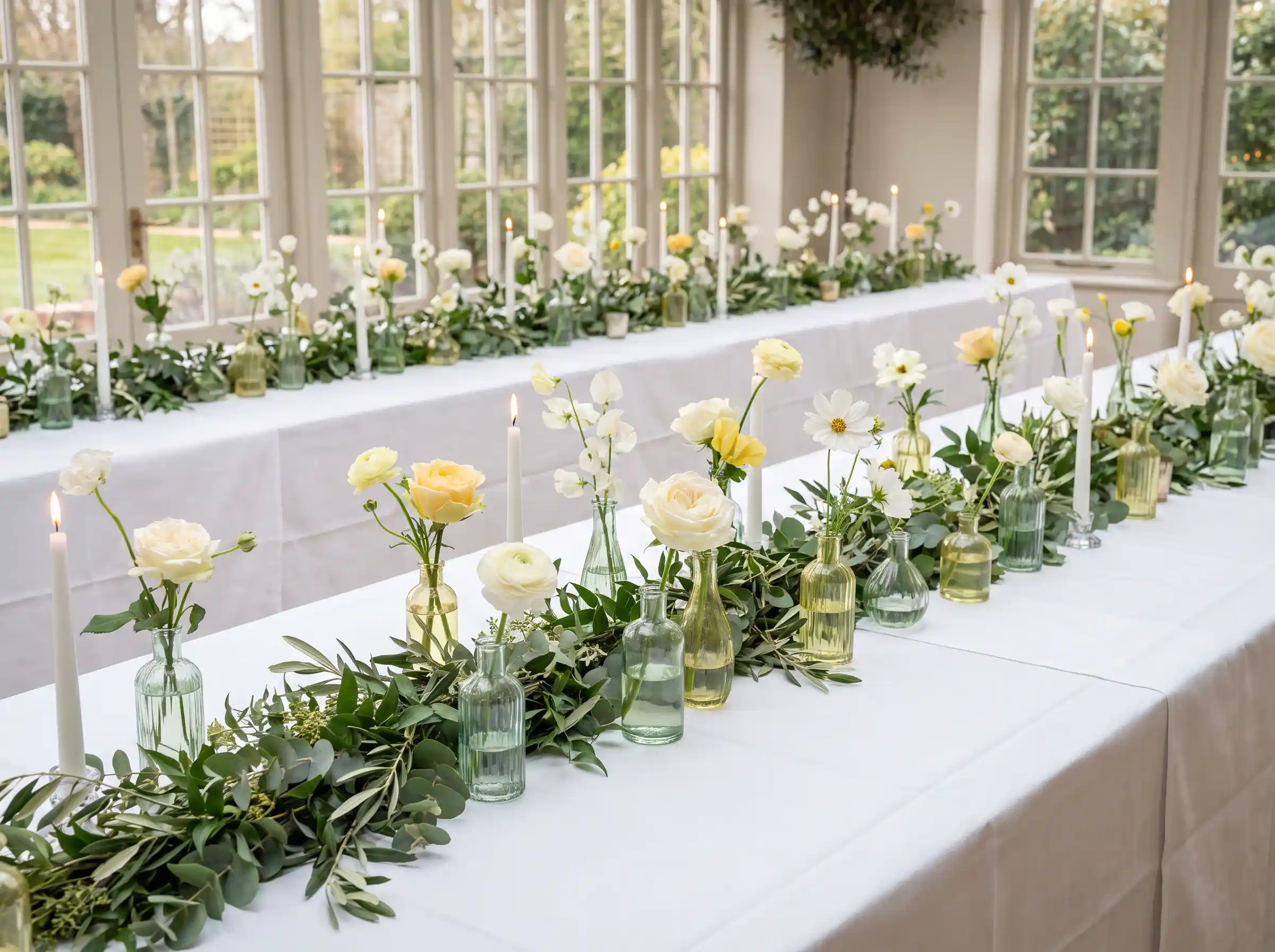Garden party wedding table with assorted bud vases holding single stems in a fresh natural arrangement