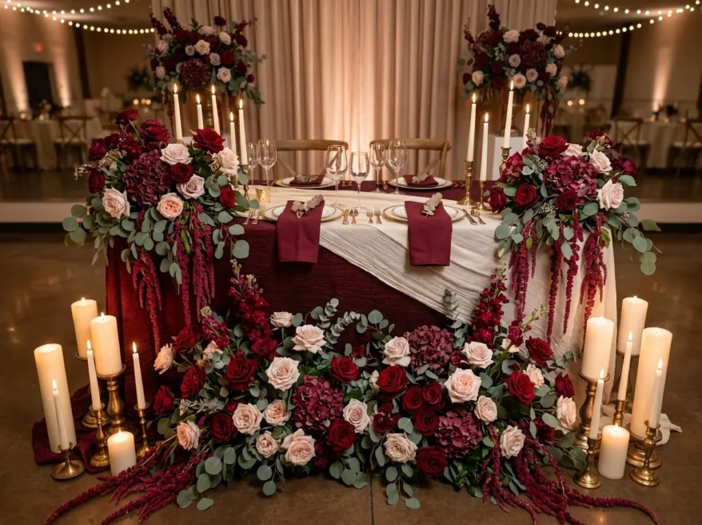 Burgundy Floral Sweetheart Table Inspiration A Burgundy floral sweetheart table