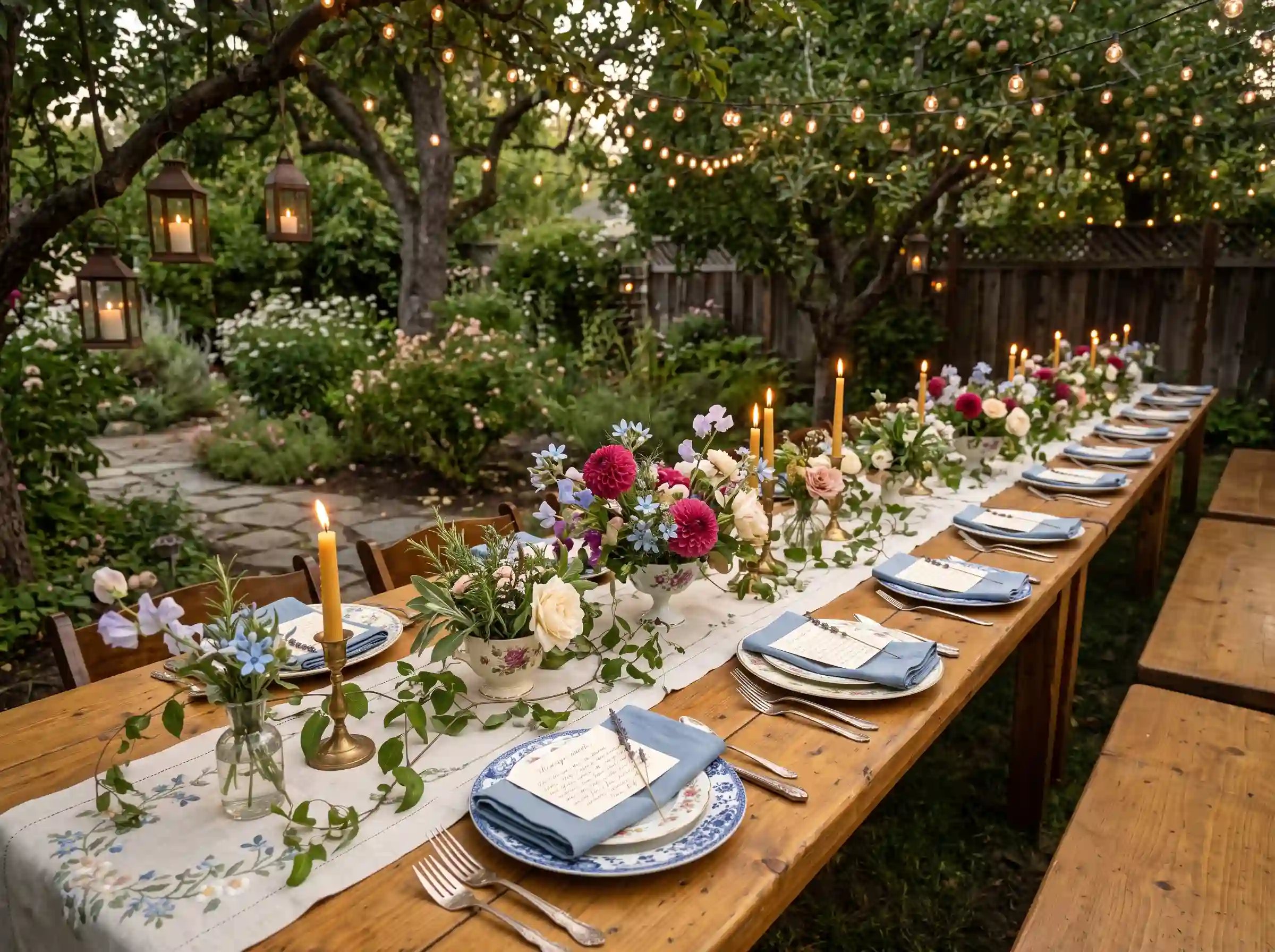 Cozy cottagecore candlelit feast reception with long family table mismatched vintage plates and taper candles