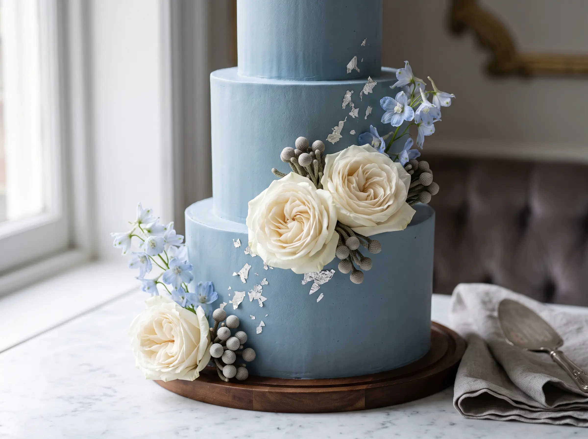 Vintage European inspired dusty blue wedding cake with elegant accents and refined styling