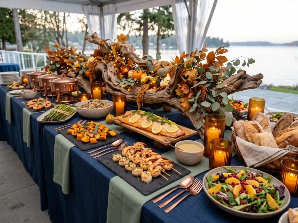 Elegant Harvest Seafood Feast Inspiration Fresh Seafood buffet with driftwood ce…