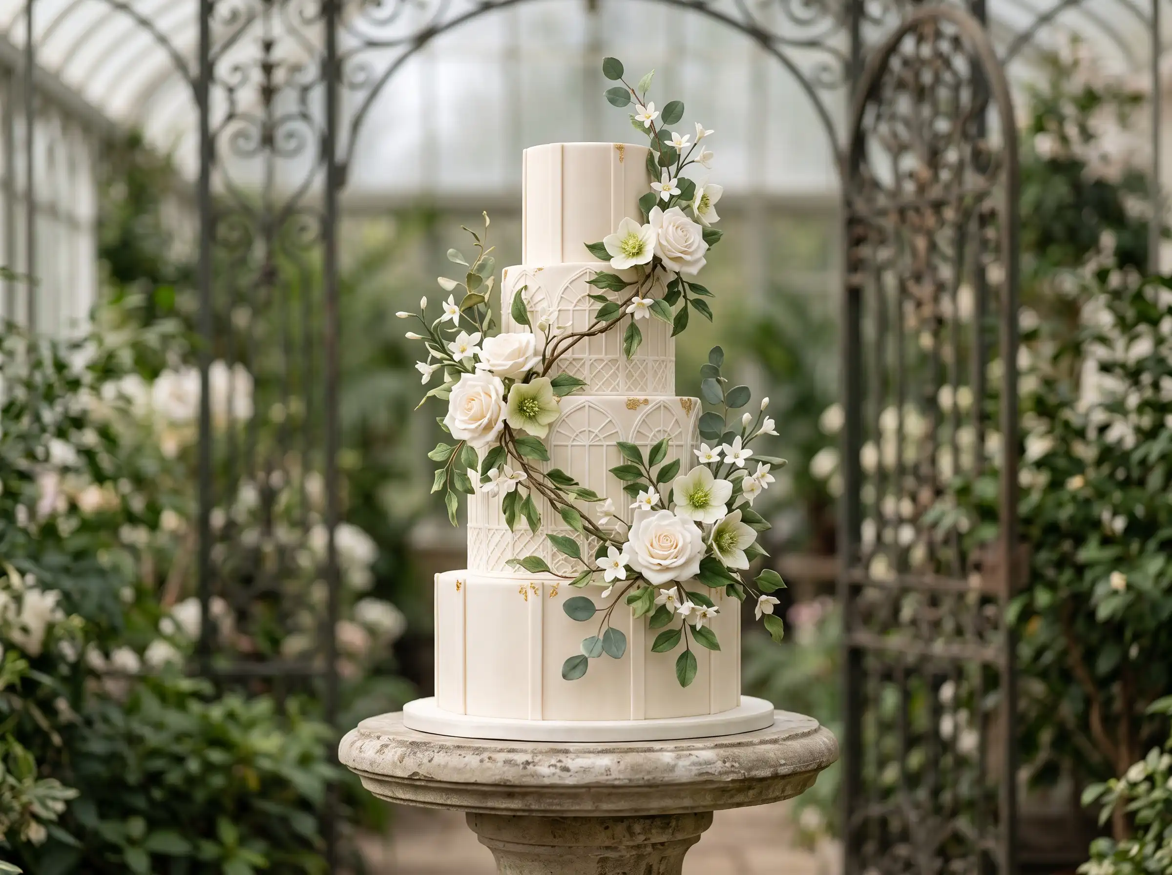 Grand five-tier botanical wedding cake with golden gilded accents and lush greenery