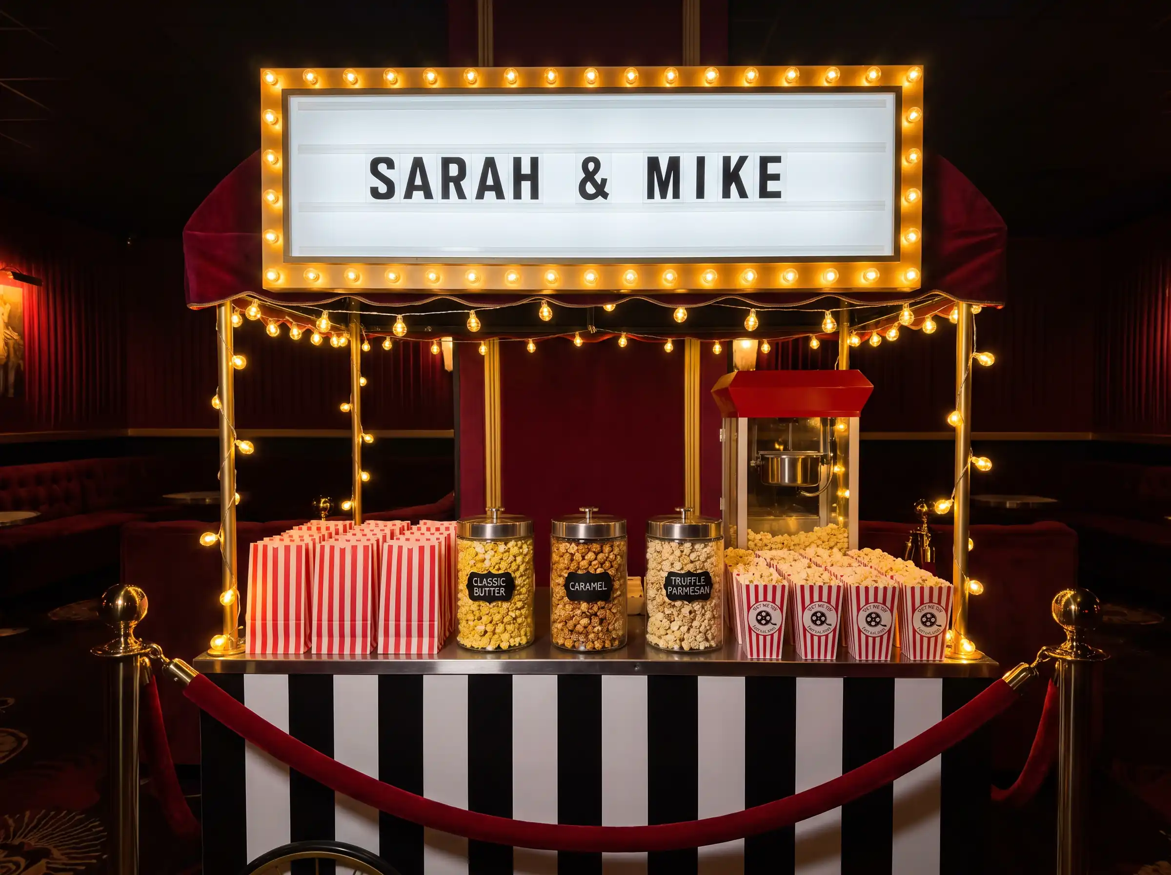 Vintage popcorn cart with marquee sign striped bags flavored popcorn canisters red velvet rope and warm gold string lighting
