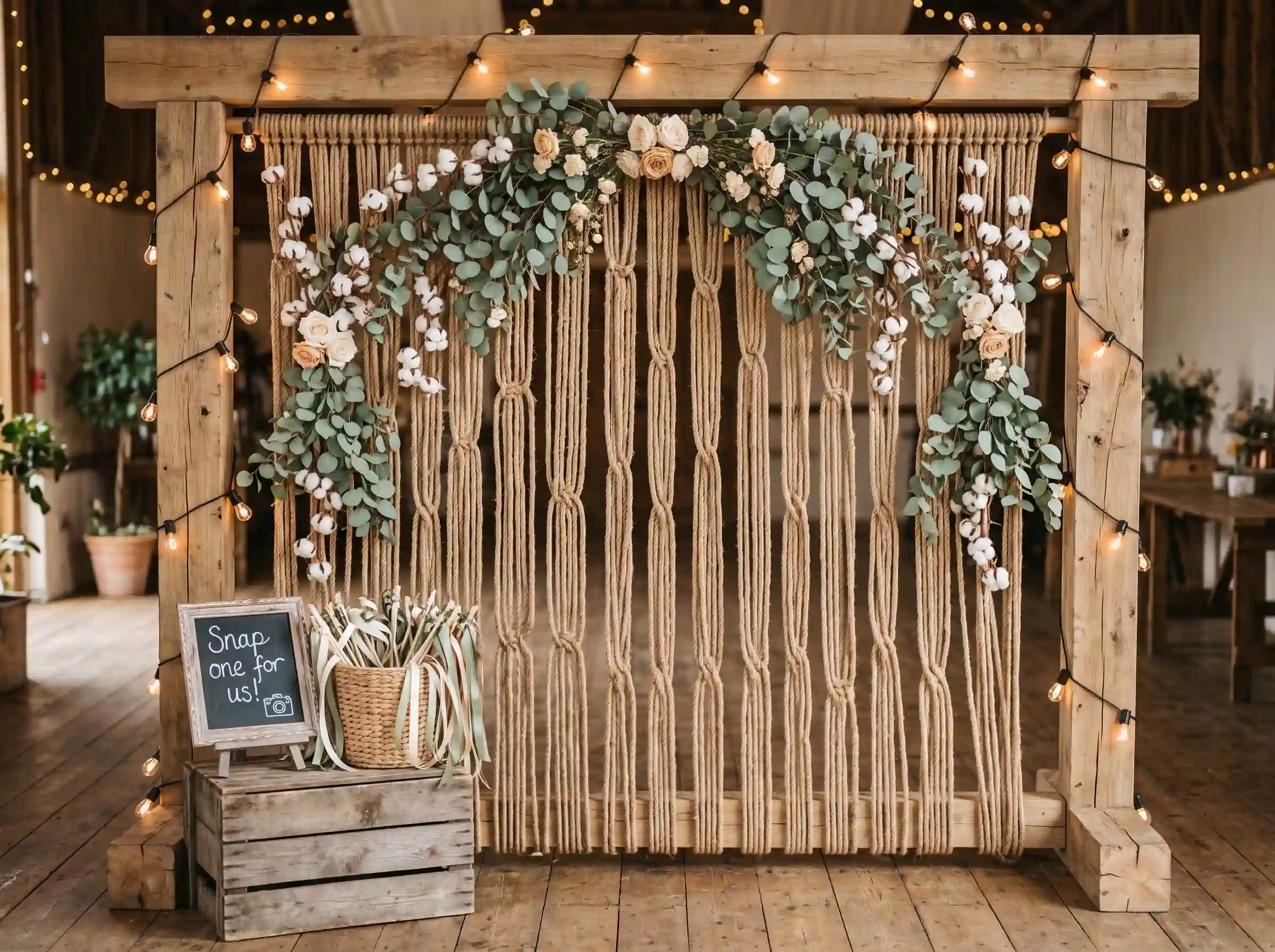 Freestanding timber frame photo booth with macrame hemp rope backdrop eucalyptus dried cotton stems and Edison lights