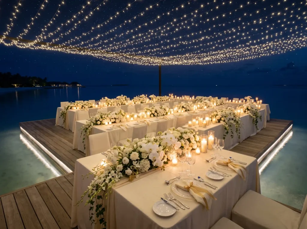 Starlit Overwater Celebration Inspiration An un Overwater reception with fairy l…