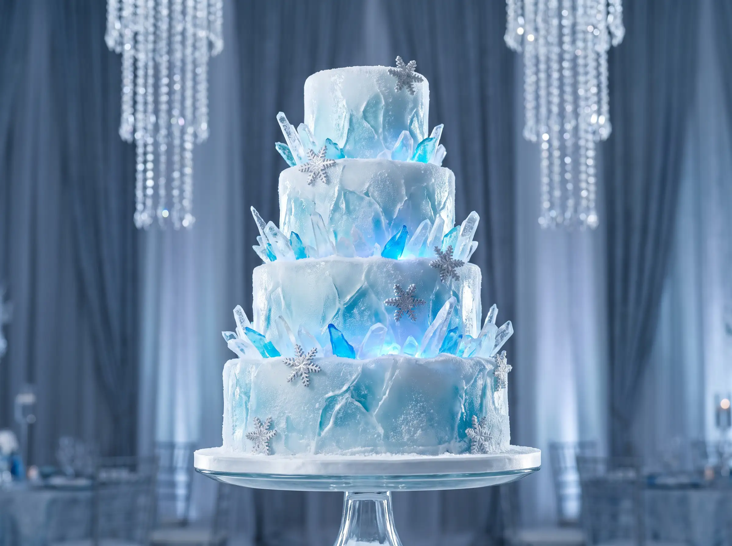 Winter ice sculpture wedding cake with glacier fondant surface blue isomalt crystal shards and silver snowflakes