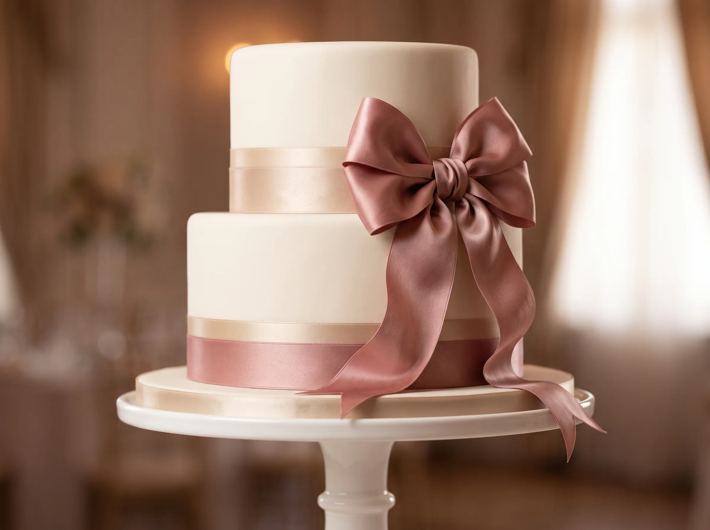 Luxurious two-tier wedding cake wrapped in velvet ribbon bows with soft romantic styling