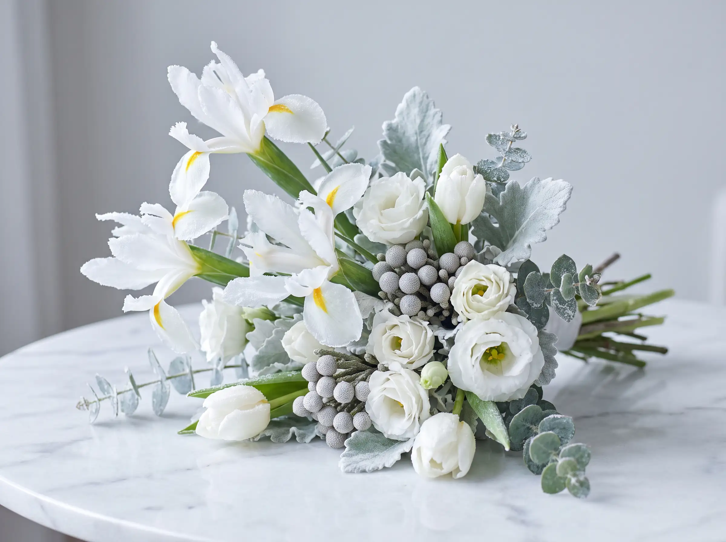 Graceful white iris wedding bouquet with tulips silver brunia and dusty miller