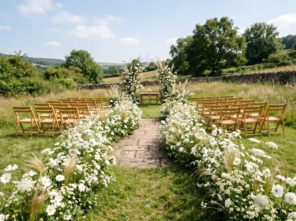White Wildflower Ribbon Inspiration Designed to White wildflower wedding aisle K