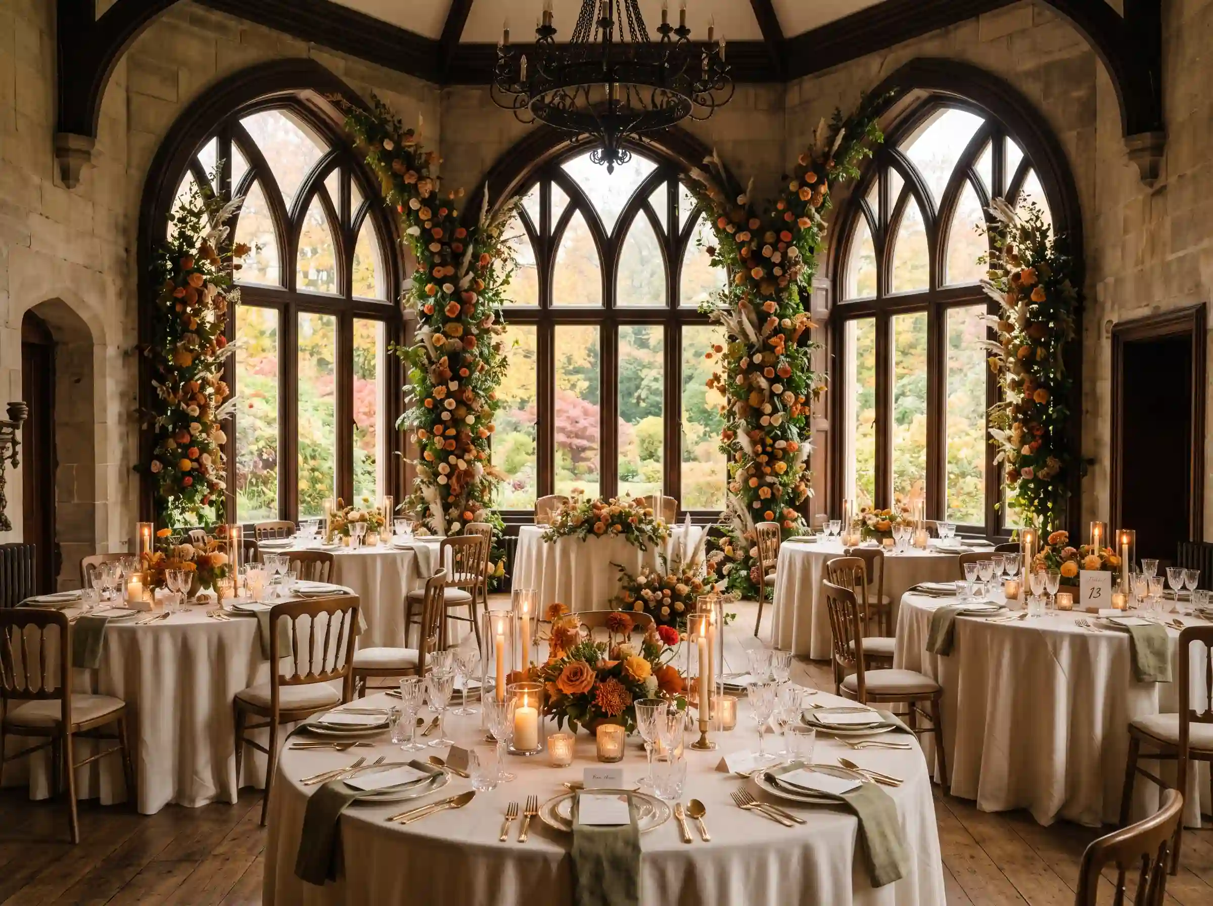 Gothic arched window reception hall with climbing floral garlands autumn centerpieces and gold chairs