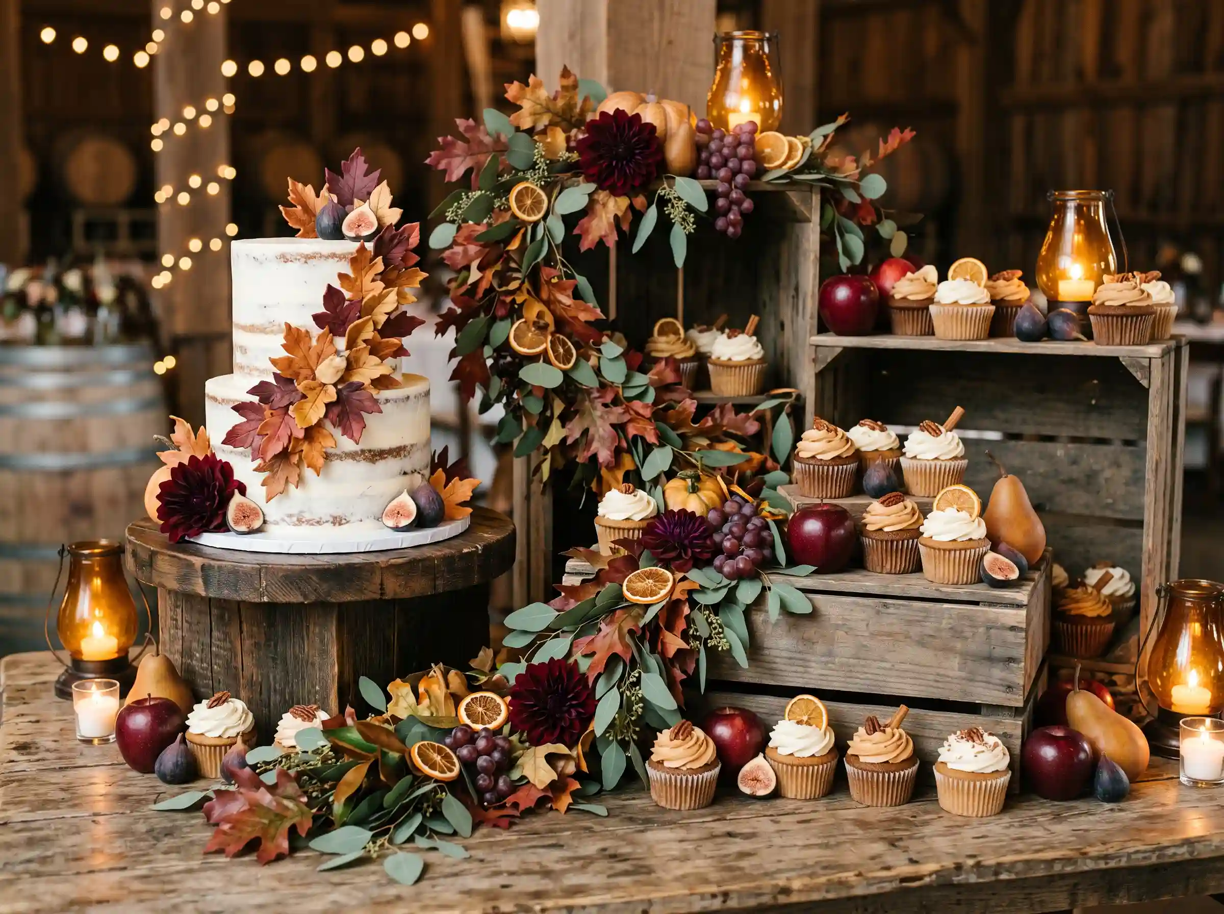Autumn orchard harvest dessert display with warm fall colored rustic small cake and cupcakes